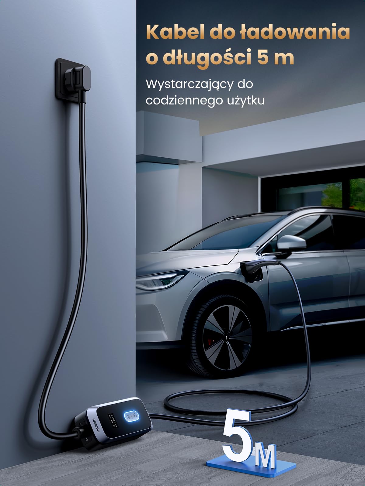 UGREEN Przenośna ładowarka EV, przenośna domowa stacja ładowania EV o mocy 3,5 kW, kabel ładujący EV 16 A, ładowarka samochodowa EV z ekranem do wszystkich pojazdów elektrycznych, 5 metrów.