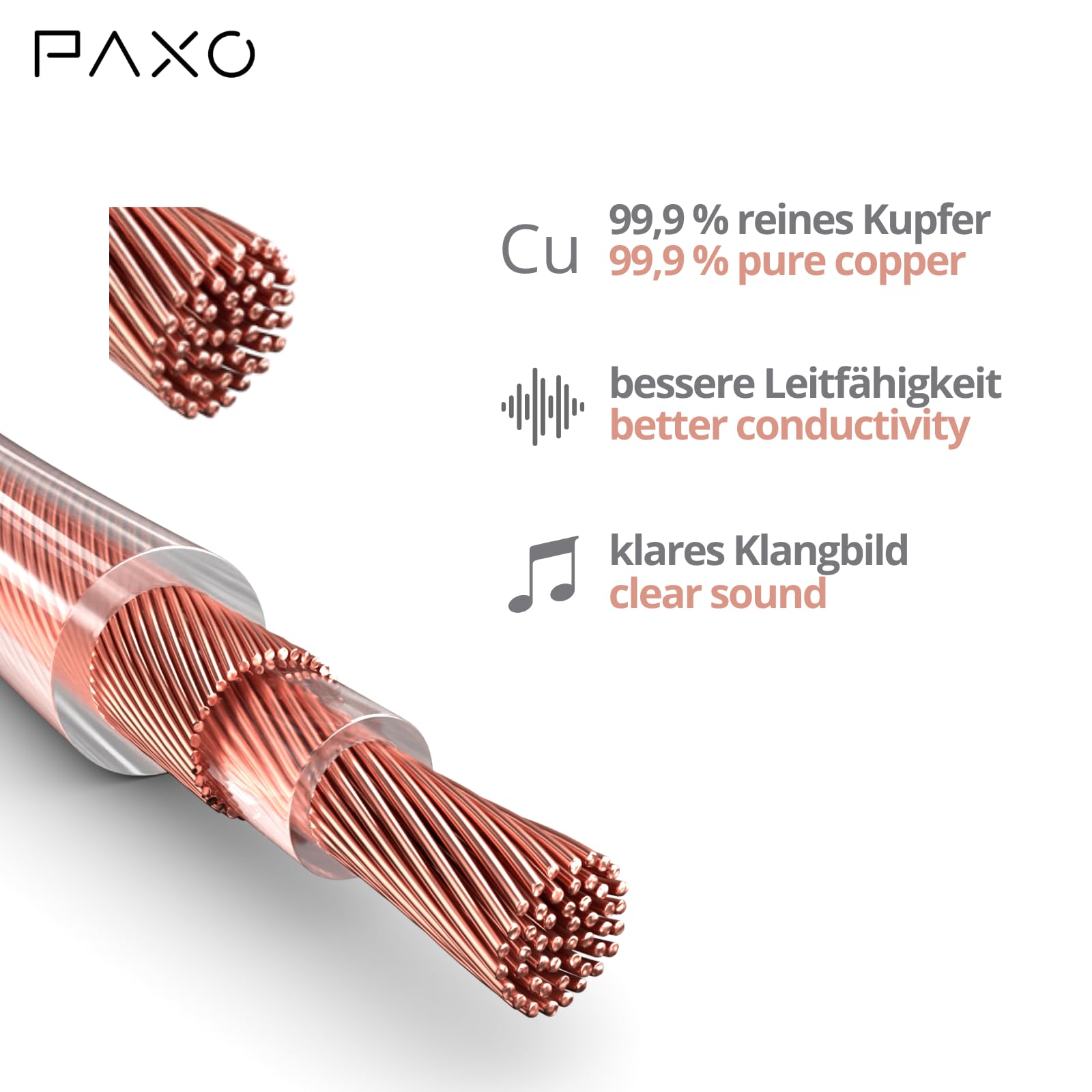 PAXO 10 m współosiowy kabel głośnikowy, 2 x 1,5 mm², OFC/czysta miedź, elastyczny, kompaktowy kabel Hi-Fi o średnicy 5,5 mm, przezroczysty