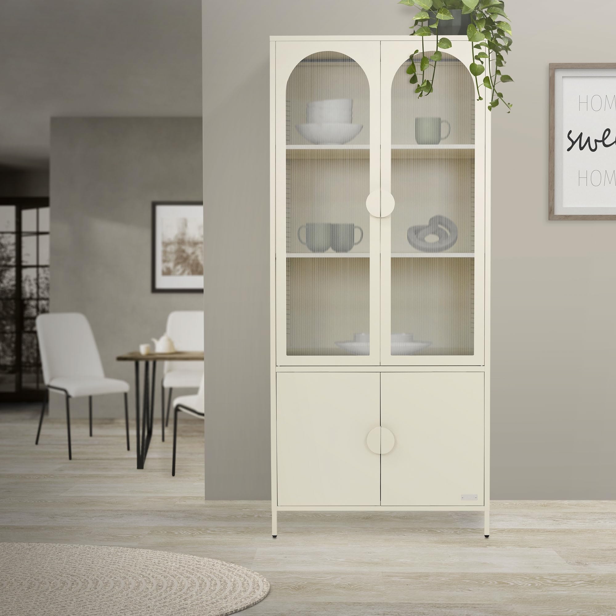 ML-Design Vitrinenschrank 80x185x40 cm aus Stahl, Creme, Küchenschrank mit 4 Ablage-/Regalfächer & 4 Türen, Metall Vitrine Hochschrank Bücherschrank Aktenschrank, Aufbewahrungsschrank für Wohnzimmer