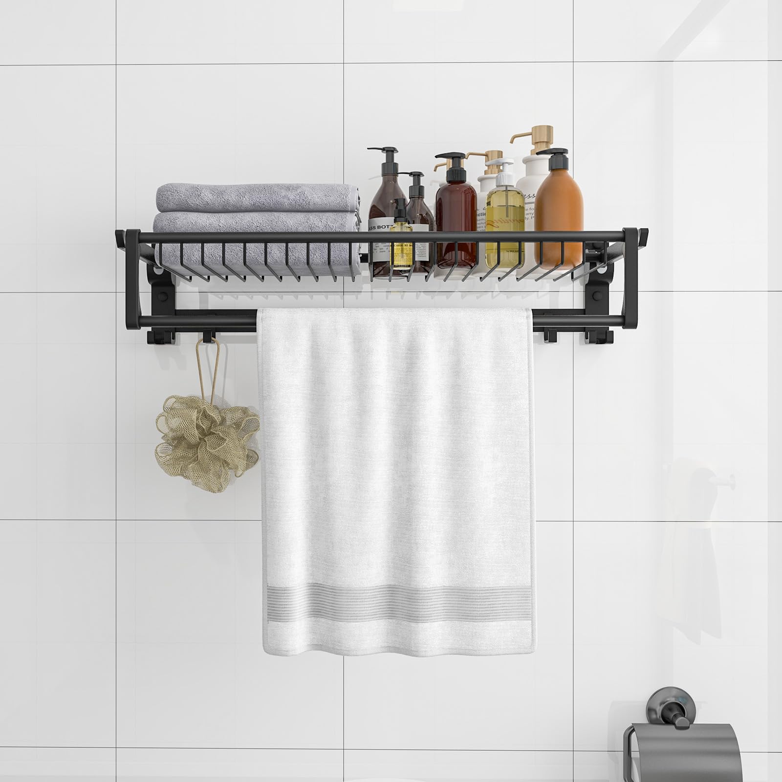 COSTWAY Inklapbare Handdoekhouder – 59,5x26x14 Cm, Zelfklevend, Aluminium, 9 Haken + Plank, 10 Kg Draagkracht, Roestvrij, Voor Badkamer, Keuken, Zonder Boren