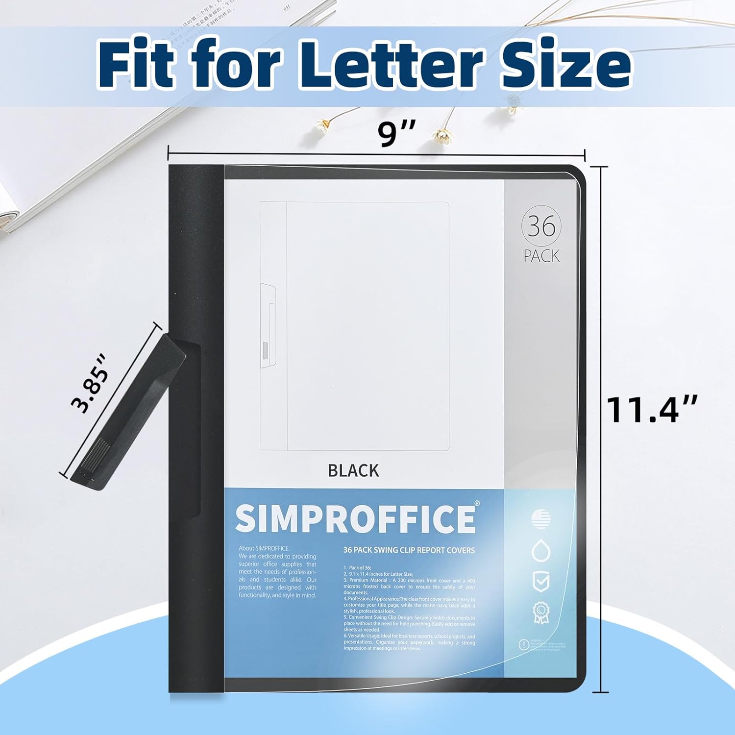 36 Pack Swing Clip Report Covers, Black Presentation Folders with Clip and Clear Cover, 9 x 11.4 Inches for Letter Size
