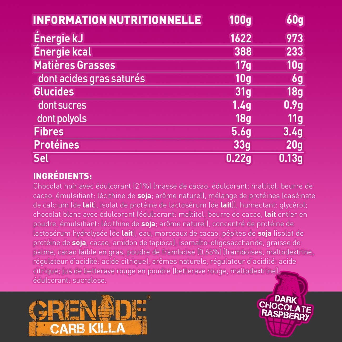 Grenade Barre Protéinée - Dark Chocolate Raspberry, 12 x 60 g | Riche en Protéines, Pauvre en Sucre, Plus de 20 g de Protein par Barre
