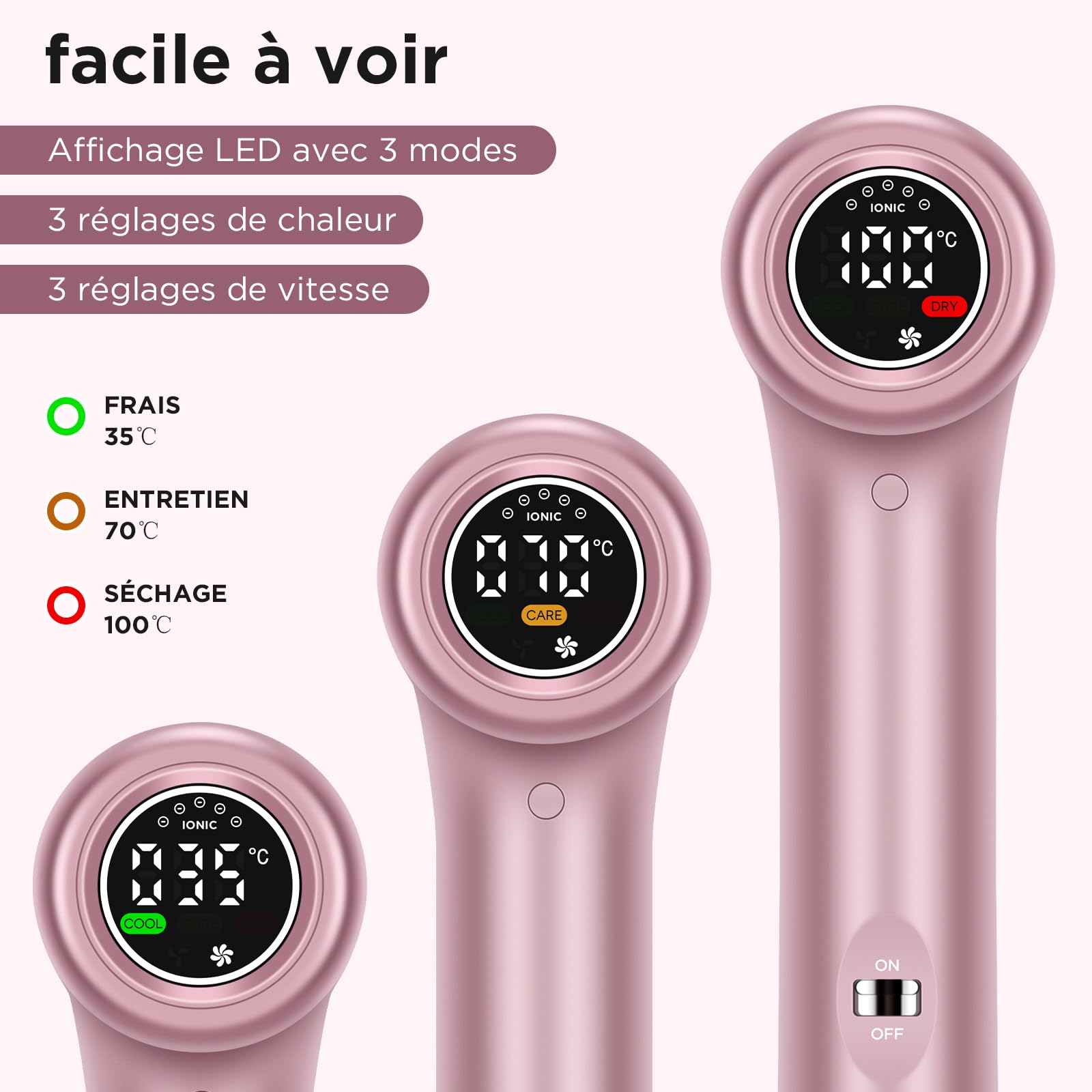 PARWIN PRO BEAUTY Sèche-cheveux ionique unique moteur sans balais de 110 000 tr/min à faible bruit microfiltre innovant diffuseur magnétique écran LCD pour la maison le salon et les voyages (Rose)