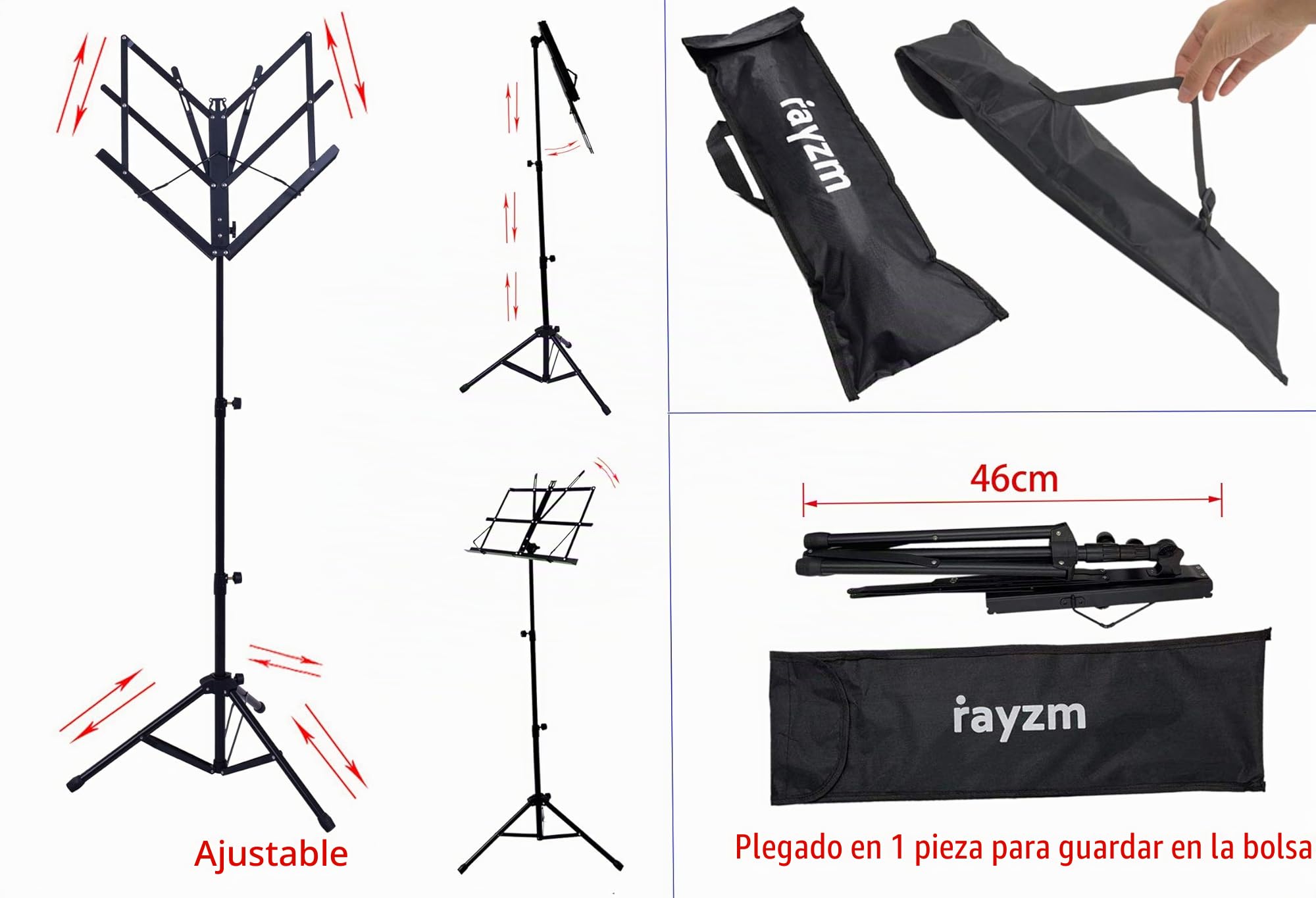 Rayzm Stand/Atril para partituras plegable y portátil con bolsa de transporte, altura ajustable, Peso máximo 1.5Kg, Ligero y Compacto para Viajes o Desplazamientos