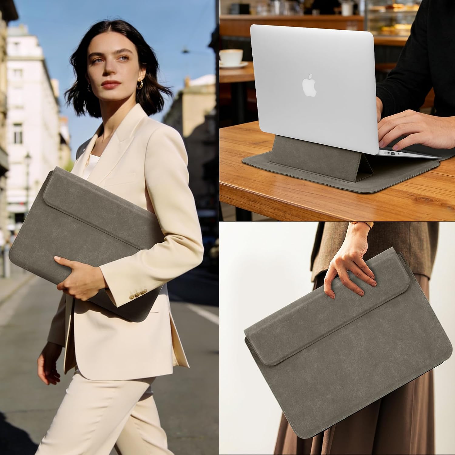 15-16 Inch Laptop Sleeve Case with Stand Feature Cover Leather Slim Bag for MacBook Air 15"/MacBook Pro 16" 2025-2021/Dell/Lenovo/HP/ASUS/Huawei/Samsung/Microsoft Laptop Case (Taupe)