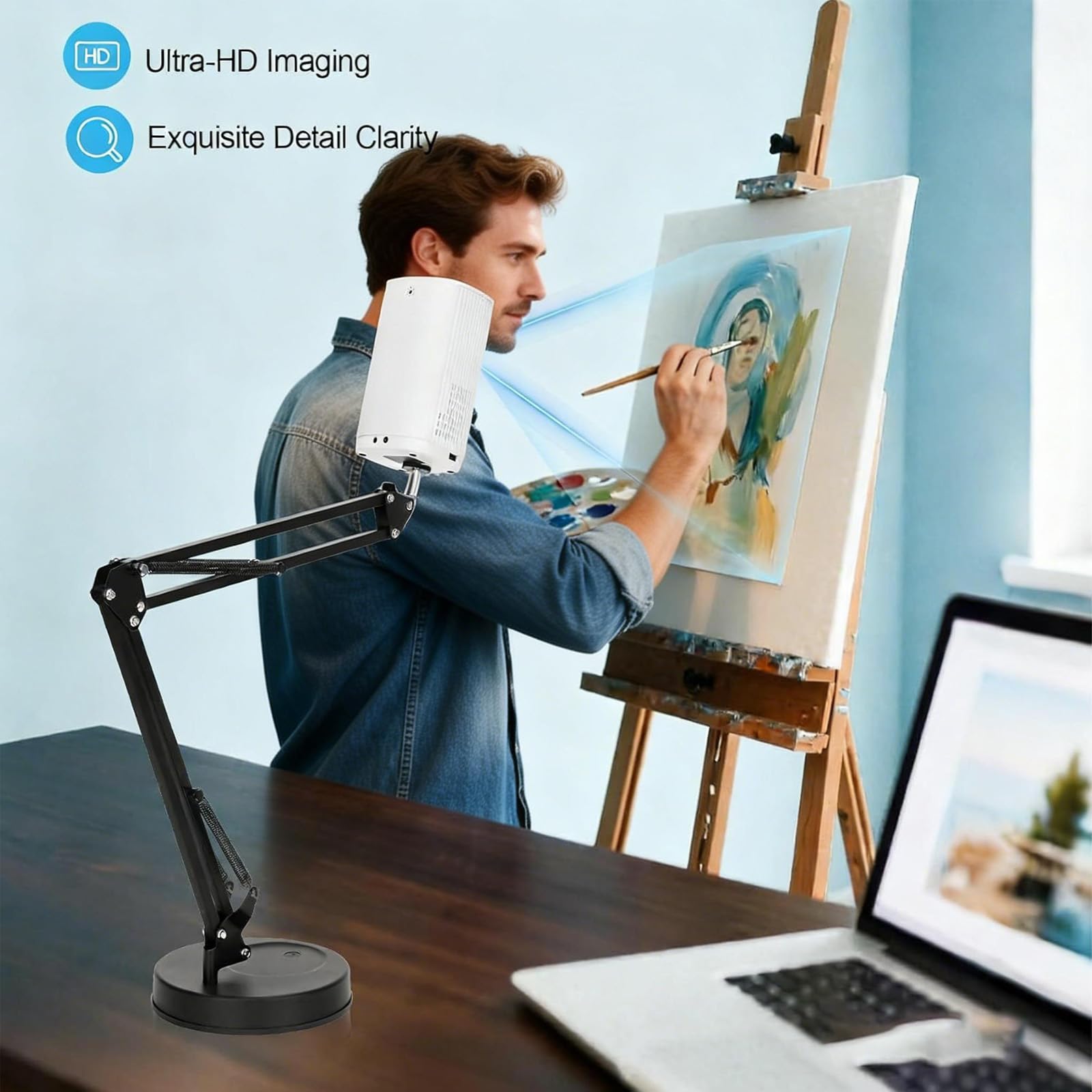 Generico Proiettore Artistico, Full HD 1080p, Mirroring Wireless E Connessione USB, Supporto Girevole A 360°, per La Proiezione di Disegni E Schizzi (Blue)