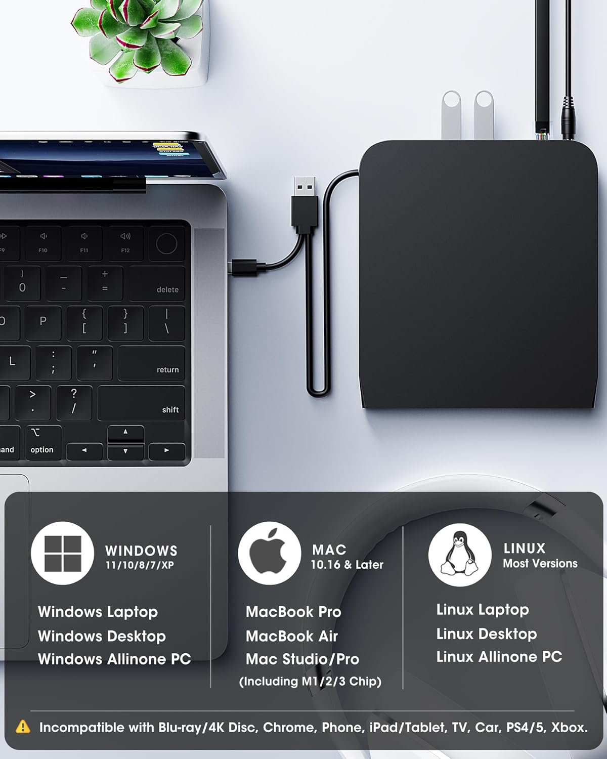 ROOFULL New USB 3.0 External CD DVD Drive with Ethernet Adapter, USB-A/C Ports, SD/TF Card Slot, Carrying Case, USB-C CD DVD Reader Burner Writer Player Optical Disc Drive for Windows & Mac Laptop PC