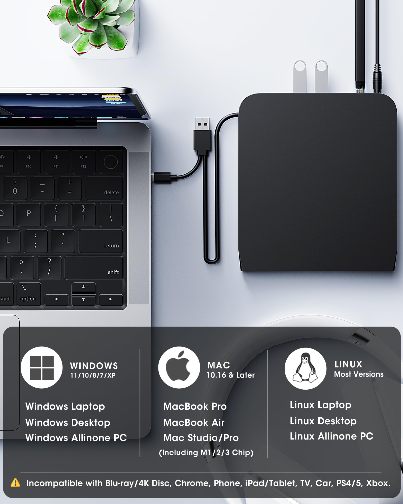 ROOFULL Lecteur CD DVD externe USB 3.0 avec adaptateur Ethernet, ports USB-A/C, fente pour carte SD/TF, étui de transport, lecteur CD DVD USB-C, graveur lecteur de disque optique pour Windows et Mac