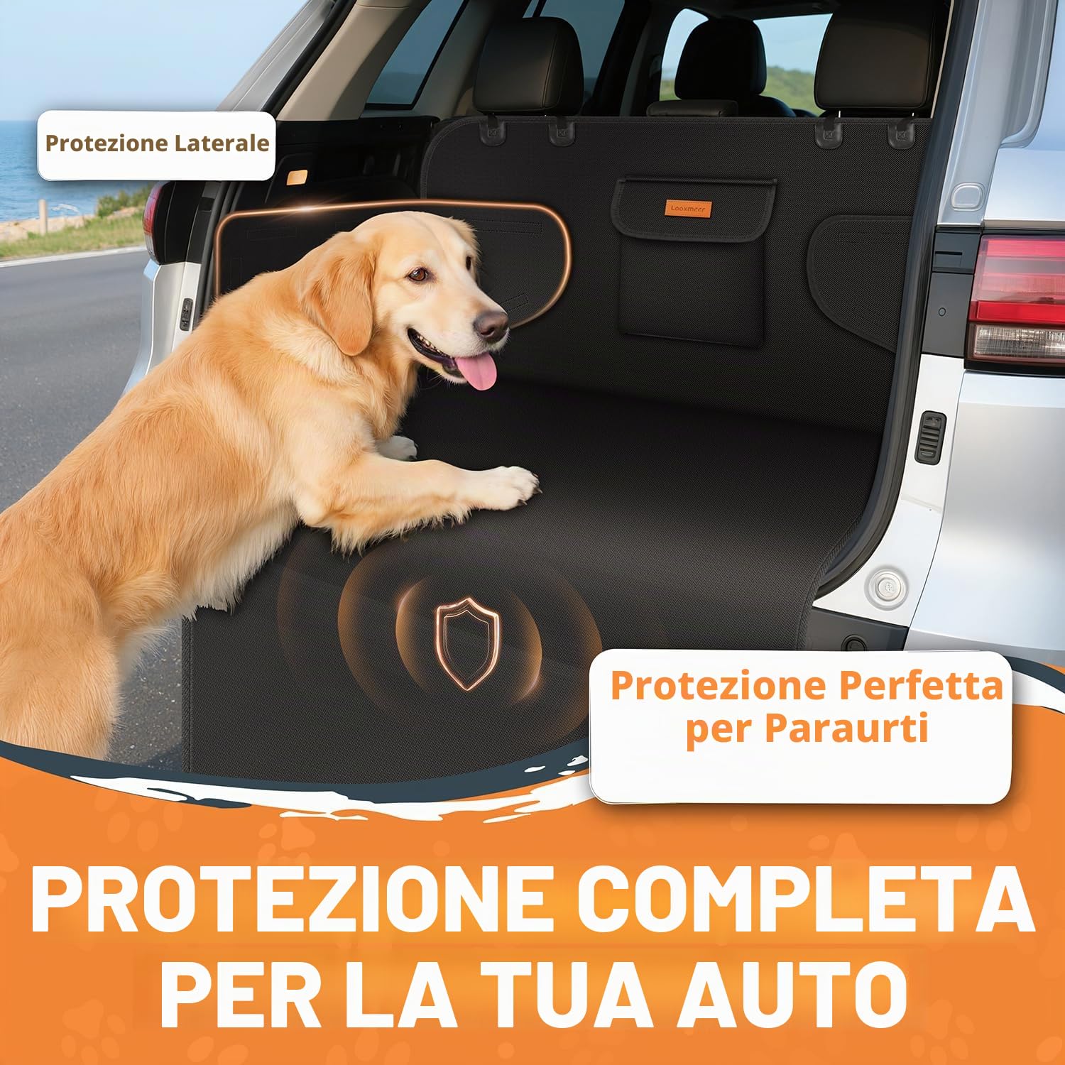 Protezione Bagagliaio Auto per Cani, Telo Auto per Cani con Tasca, Protezione Laterale e Paraurti, Impermeabile Antistrappo Antiscivolo, Universale per Auto, SUV, 183 x 104 cm, Nero(Leggero)