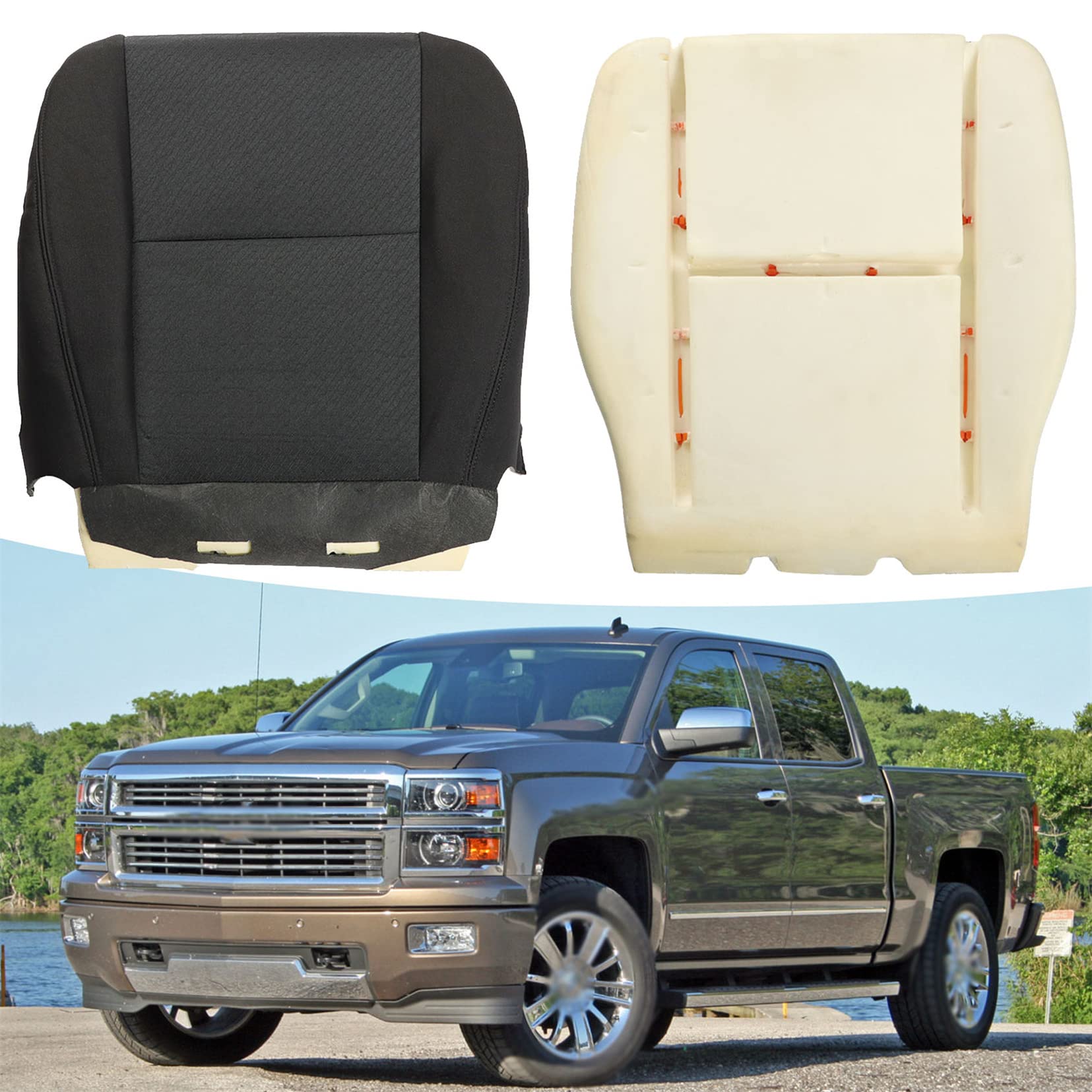 SEBLAFF Driver Side Bottom Cloth Seat Cover + Foam Cushion Replacement for 2007-2014 Silverado 1500 2500HD 3500HD