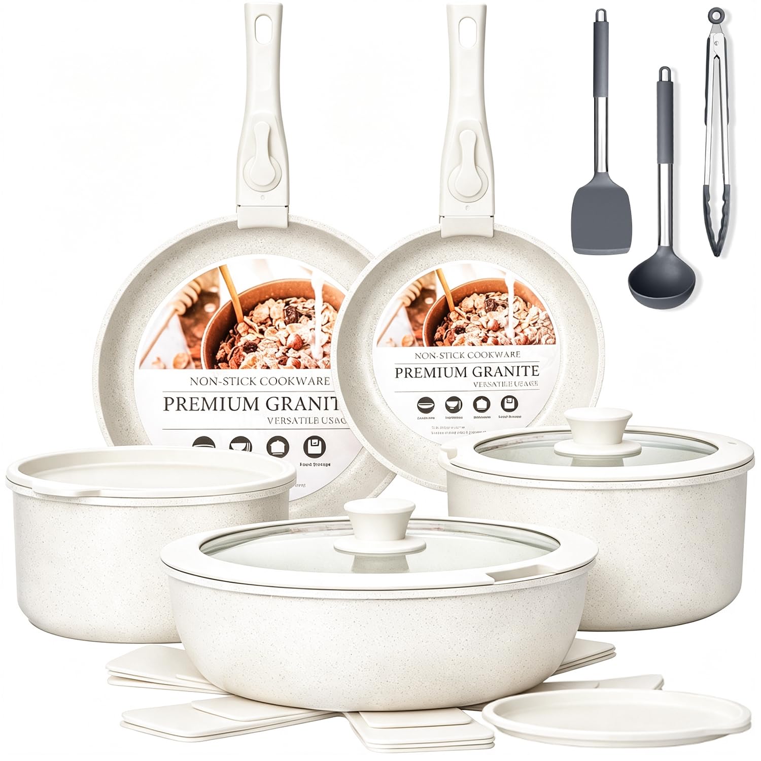Set di pentole e padelle antiaderenti, 15 pezzi, con manico staccabile, set di pentole a induzione, impilabili da cucina con coperchi, adatte al forno (bianco)