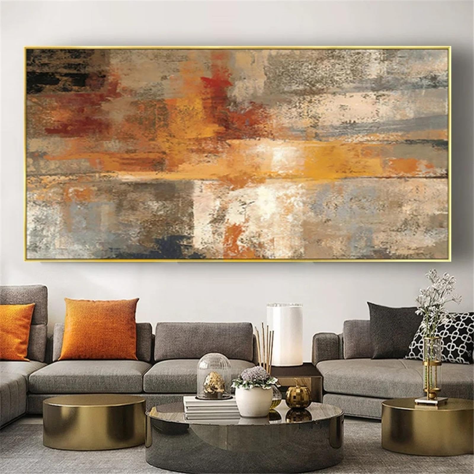 Pintura al óleo sobre lienzo de color cálido abstracto, cuadro de pared grande simple, arte gris beige sobre lienzo para decoración de la sala de estar del hogar, 65x140cm/26x55in sin marco