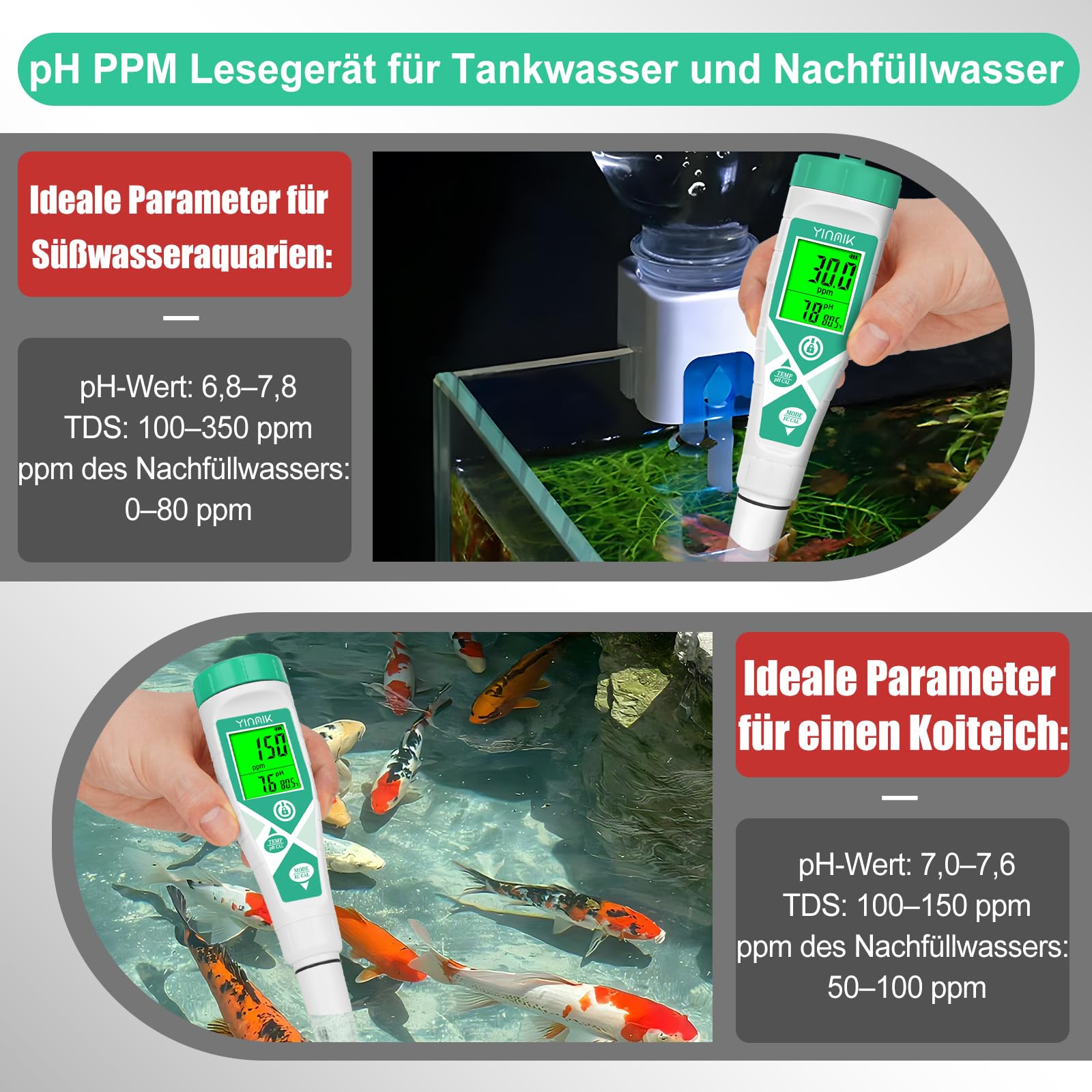 Meer Aquarium Salz Tester, Wasser pH Messgerät, TDS EC Messgerät für Süßwasseraquarien, Digitales Leitfähigkeits Messgerät, pH TDS für Koiteiche, Riffaquarien, Aquaponik PPM pH EC Salzgehalt Lesegerät