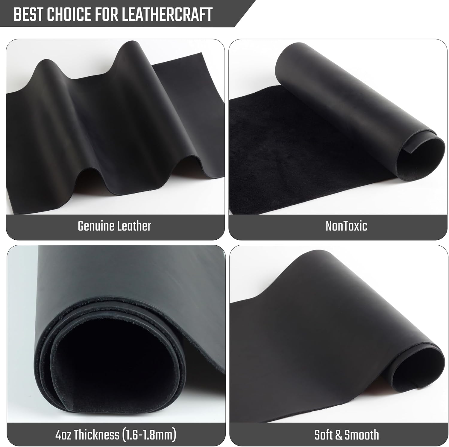 Toprank Genuine Leather Sheets for Crafts 24''X12'' Precut Full Grain Leather Tooling Leather (1.6mm) Cowhide Leather Pieces Square, Black