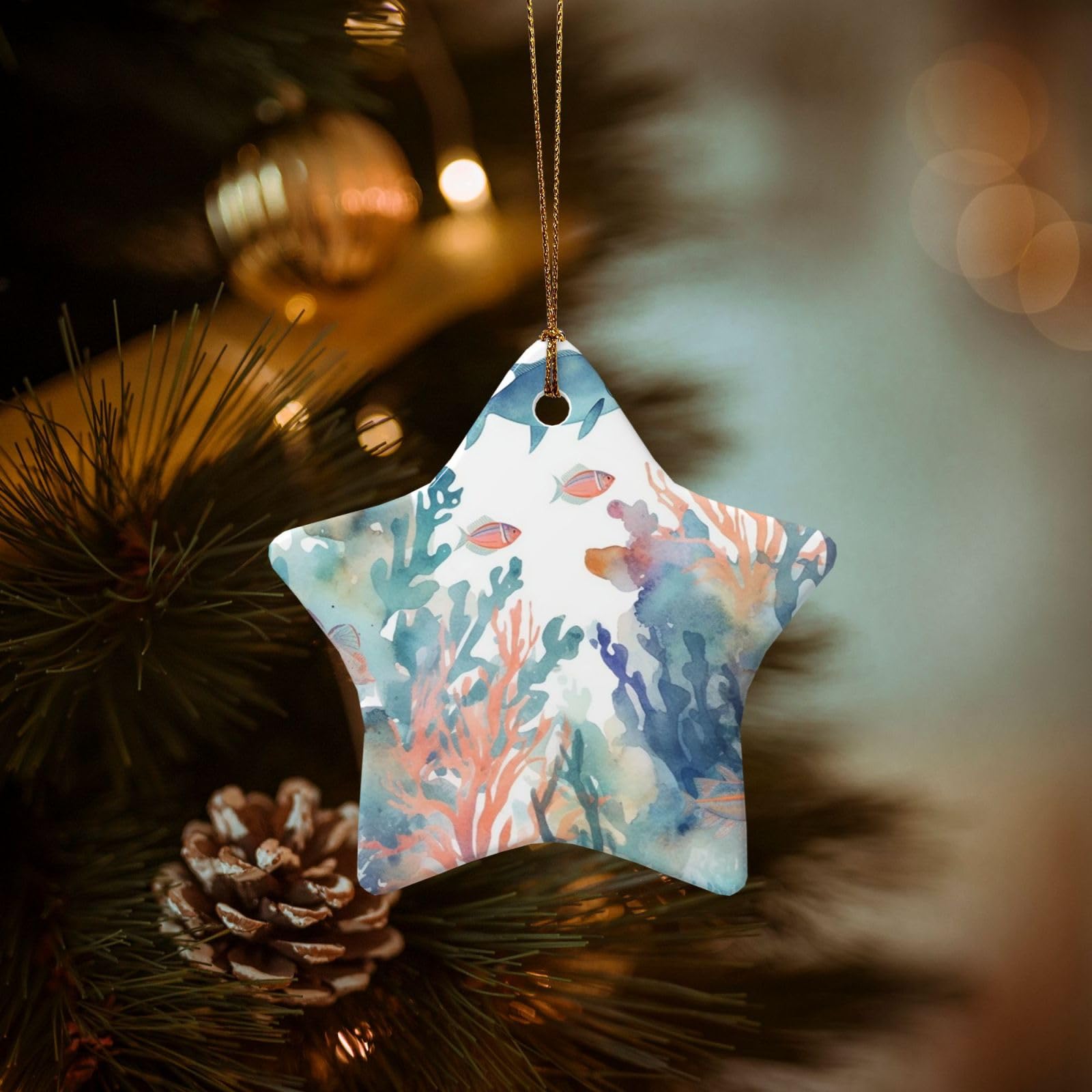 Christmas Tree Ornaments Ceramics Christmas Decorations Watercolor Fish and Coral Ornaments with Gold Ribbon Porcelain Xmas Tree Crafts Star Shape Hanging Pendant for Christmas Tree Party Decor