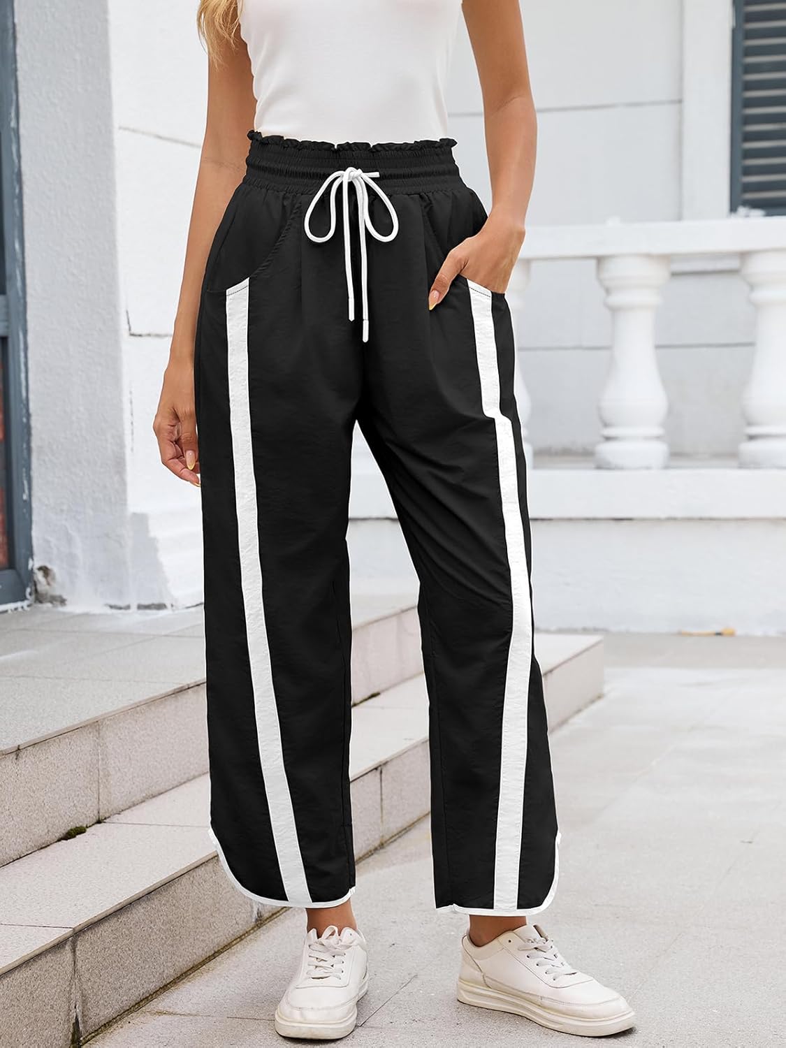 Womens Wide Leg Pants Baggy Drawstring Elastic Waist Stripe Casual Track Pants - Image 3