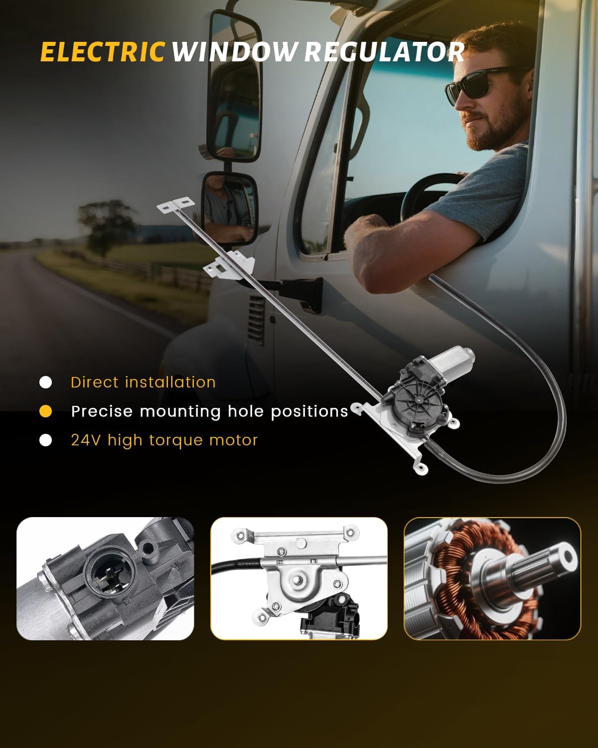 Power Window Regulator with Motor Front Driver Side Compatible with Freightliner FLD112 1997-2006, FLD120 1997-2010, FLD120SD 2003-2010, FLD132 2001-2010, Replaces# A18-4895-2000 7415202