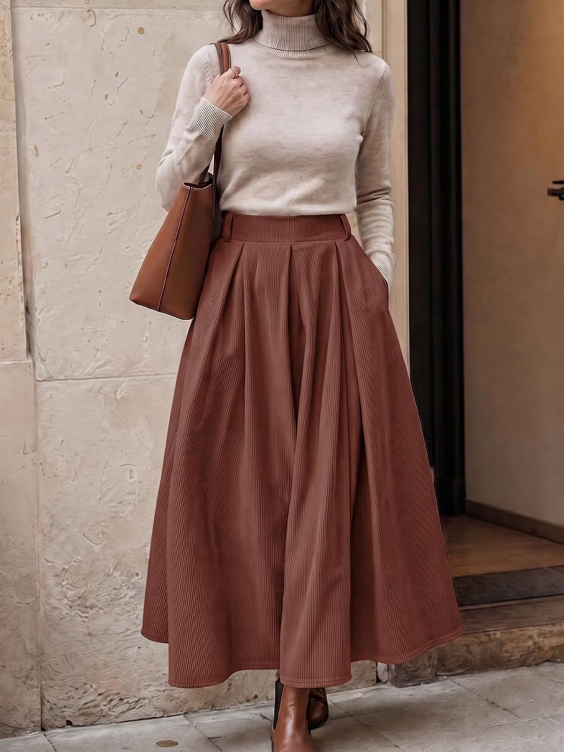 Flowyair Womens Corduroy Maxi Skirts High Waist A-Line Pleated Long Skirt