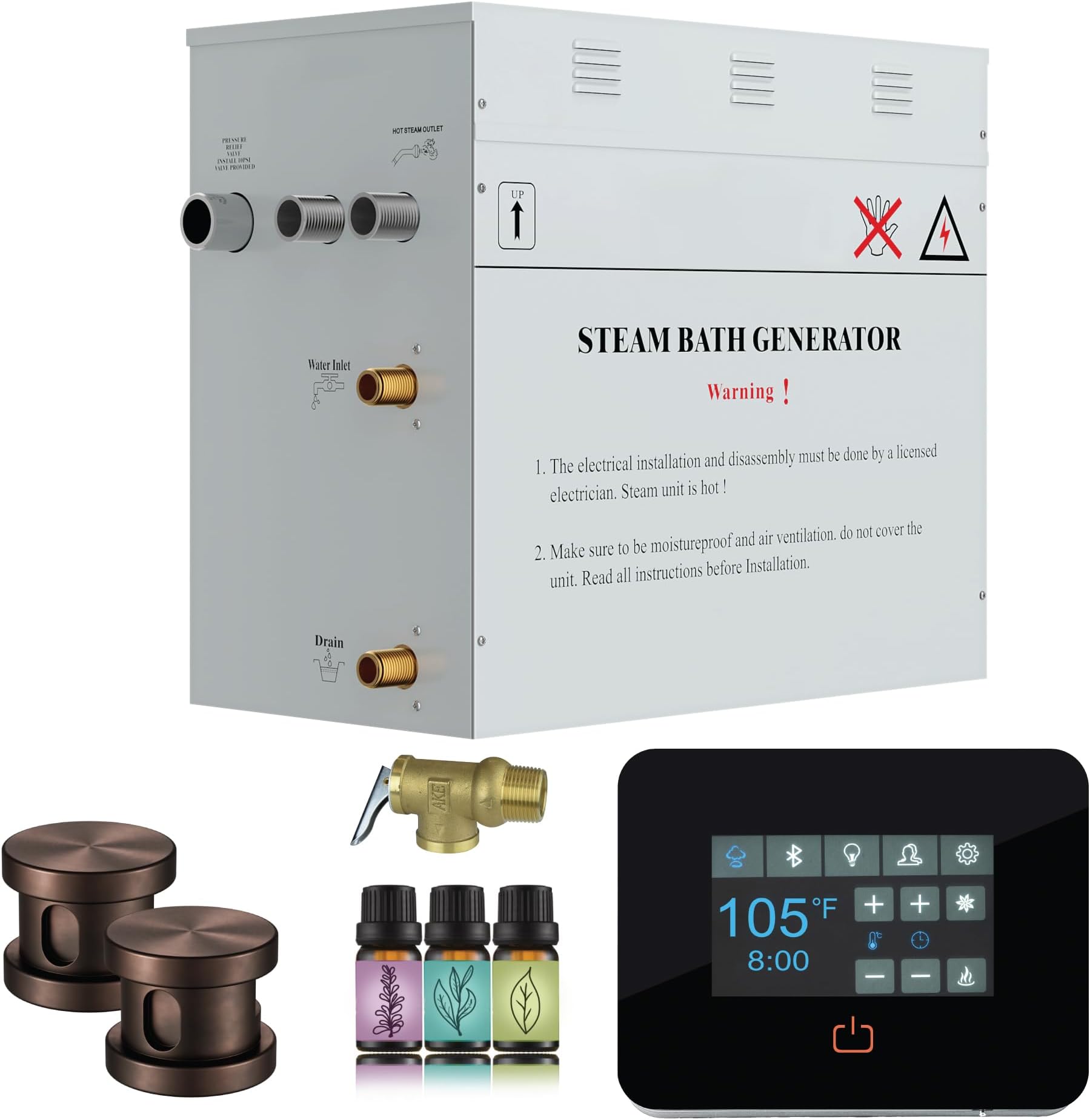 Builders Series 12kW Steam Bath Generator with Quickstart Continuous Steam, Black Digital Touch Pad, Built-in Auto-Drain, and Aroma Steamhead in Oil Rubbed Bronze