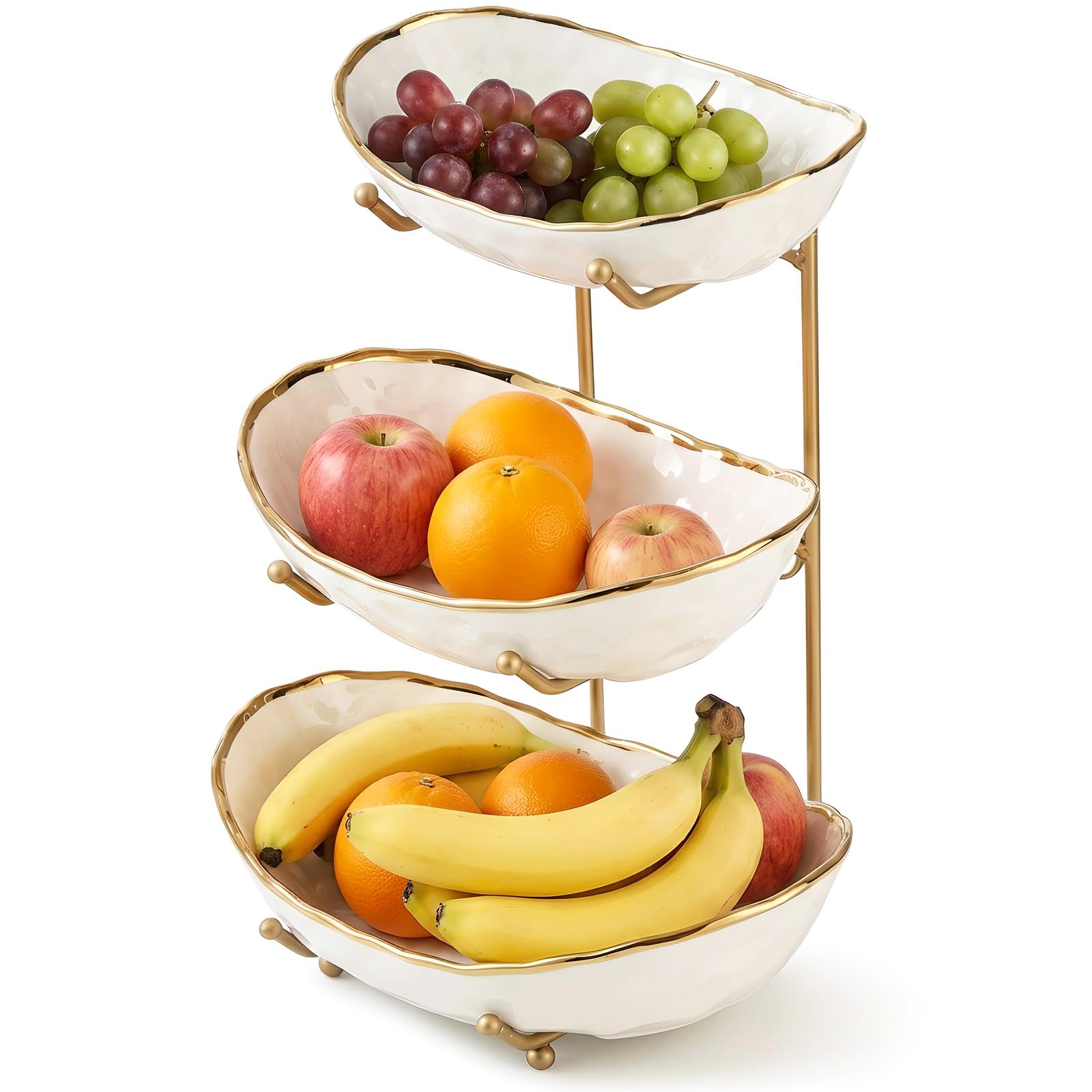 OUAYEMEL Ceramic Fruit Bowl with Metal Stand, 3 Tier Fruit Bowl for Home Party Kitchen Counter, Tiered Fruit Basket for Snacks Candy Bread Storage, White and Gold (White A)