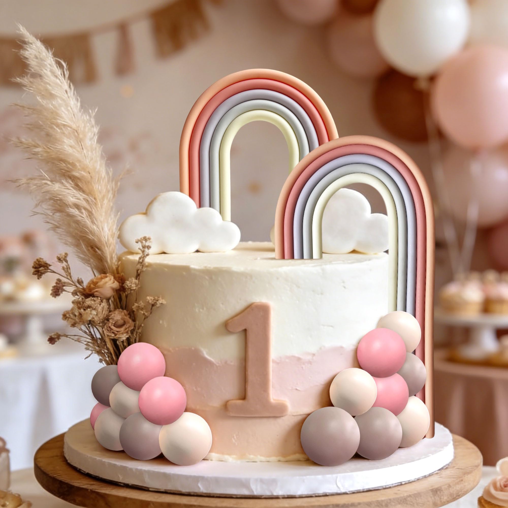 LaVenty Boho Rainbow Cake Decoration Nude Balls Cake Topper Beige Balls Cake Topper Champagne Cake Decoration Baby Shower Birthday Cake Decoration