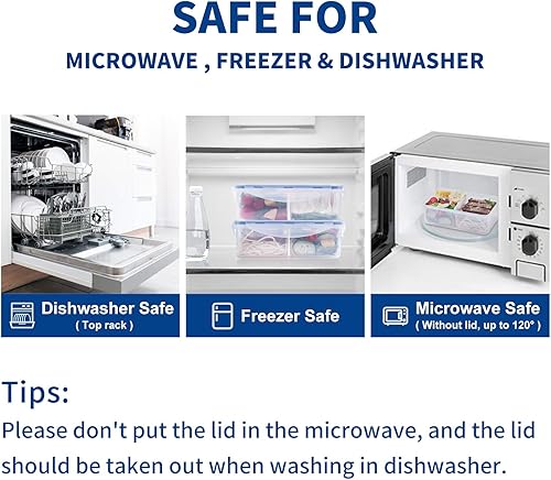 Miniatura 5 de KIGI Paquete de 2 Caja Bento rectangular de plástico de 38.9 onzas con 3 compartimentos herméticos para almacenamiento de alimentos para cocina y