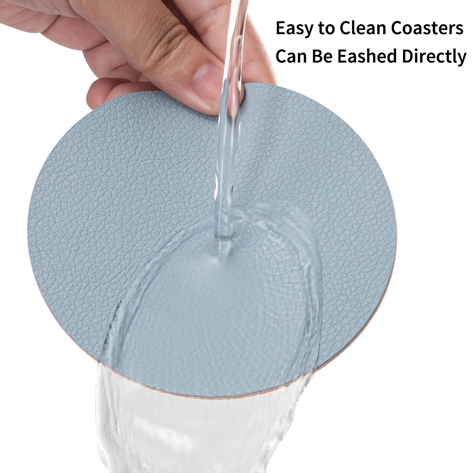 Chitomars Faux Leather Drink Coasters with Holder, Dual Sided Sets of 12, Beige Yellow Light Blue, Round - Image 4