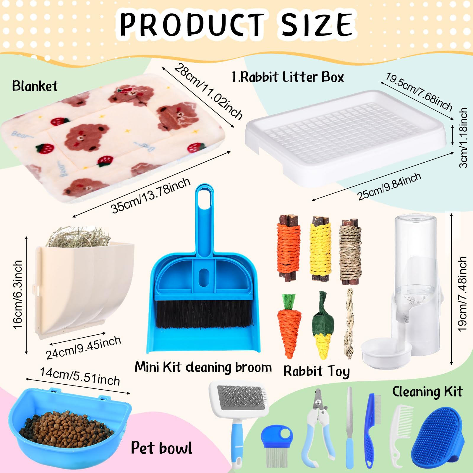 Kit iniziale da 19 pezzi per coniglietti, piccola lettiera per coniglietti, kit per la toelettatura degli animali, bottiglia d'acqua, giocattoli per coniglietti, mangiatoia per fieno, coperte