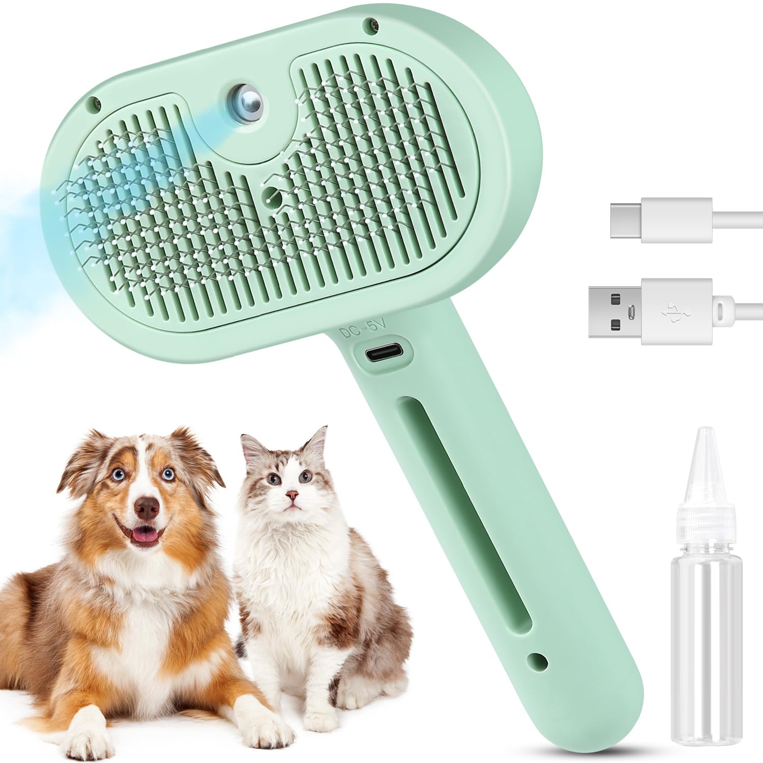 3 in 1 Cat Steam Brush, Pet Spray Hair Removal Comb for Shedding & Grooming, Water Brush for Cats Dogs Small Animals Long Short Haired with One-Click Release Button(Green)