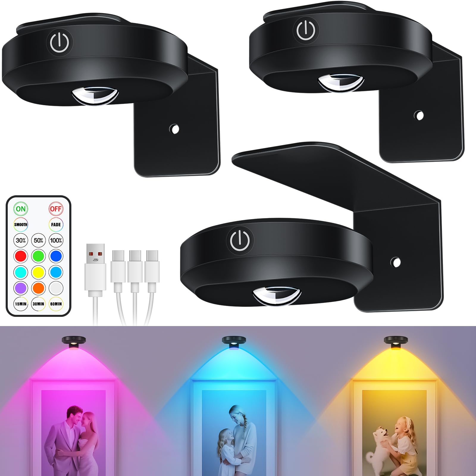 WILLED Picture Lights, 1200mAh Rechargeable Battery Operated Picture Lights, Puck Lights with Remote, 9 RGB Colors, Dimmable&Timer, Gallery Lights, Art Display Lighting for Paintings Wireless/3 Pack