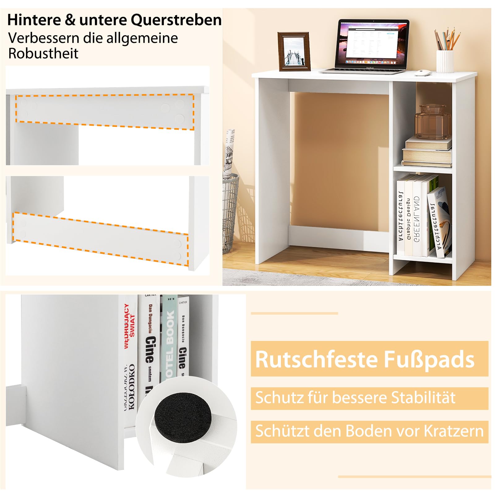 COSTWAY Kleiner Schreibtisch, Computertisch mit 2 Fächern, PC-Tisch, Bürotisch für kleine Räume, weiß, 80 x 40 x 74 cm