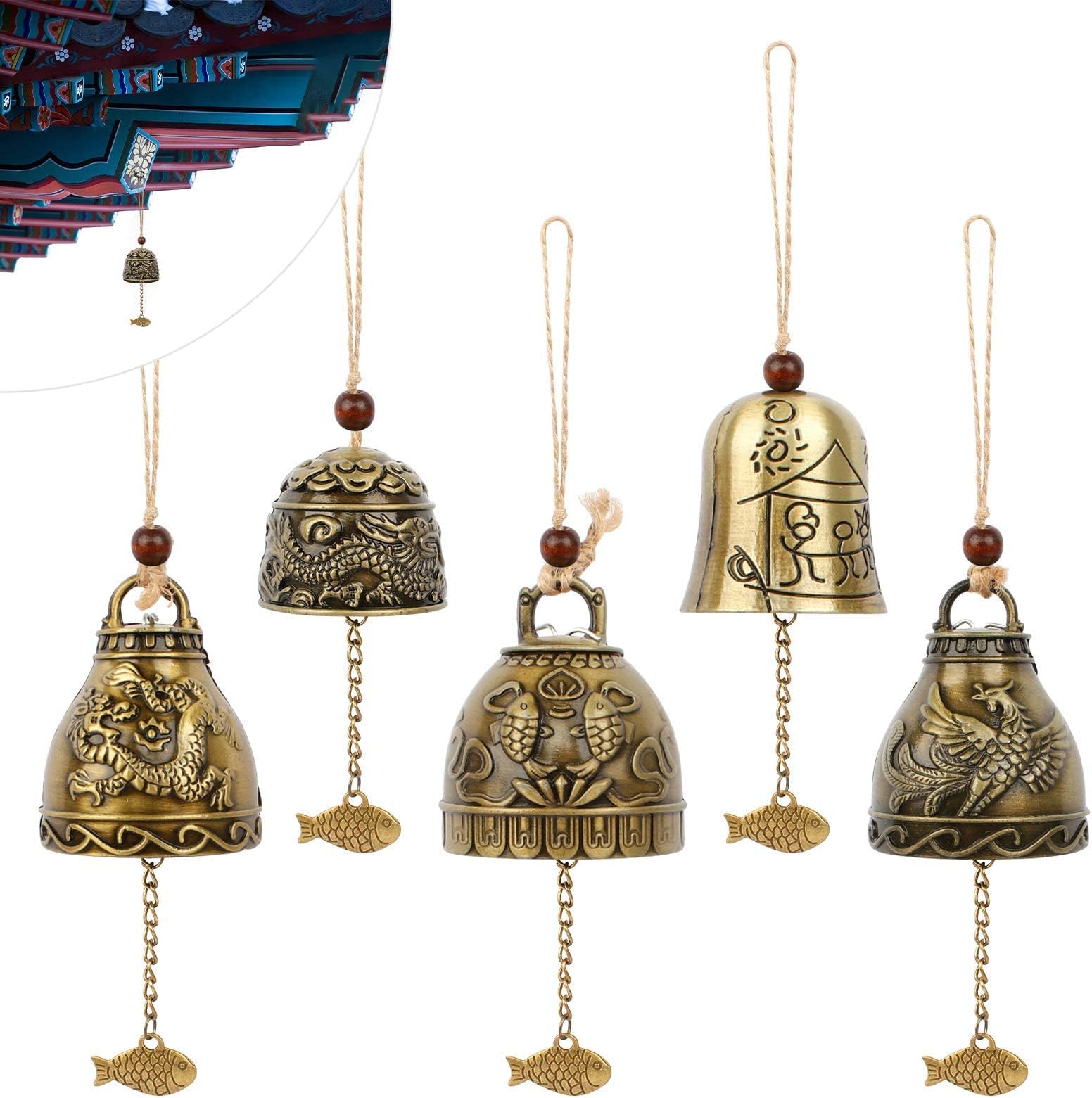 MAKINGTEC 5 Pieces Hanging Charm Wind Chime, Chinese Feng Shui Bell, Vintage Metal Lucky Bell for Home Garden Decor, Good Luck Blessing