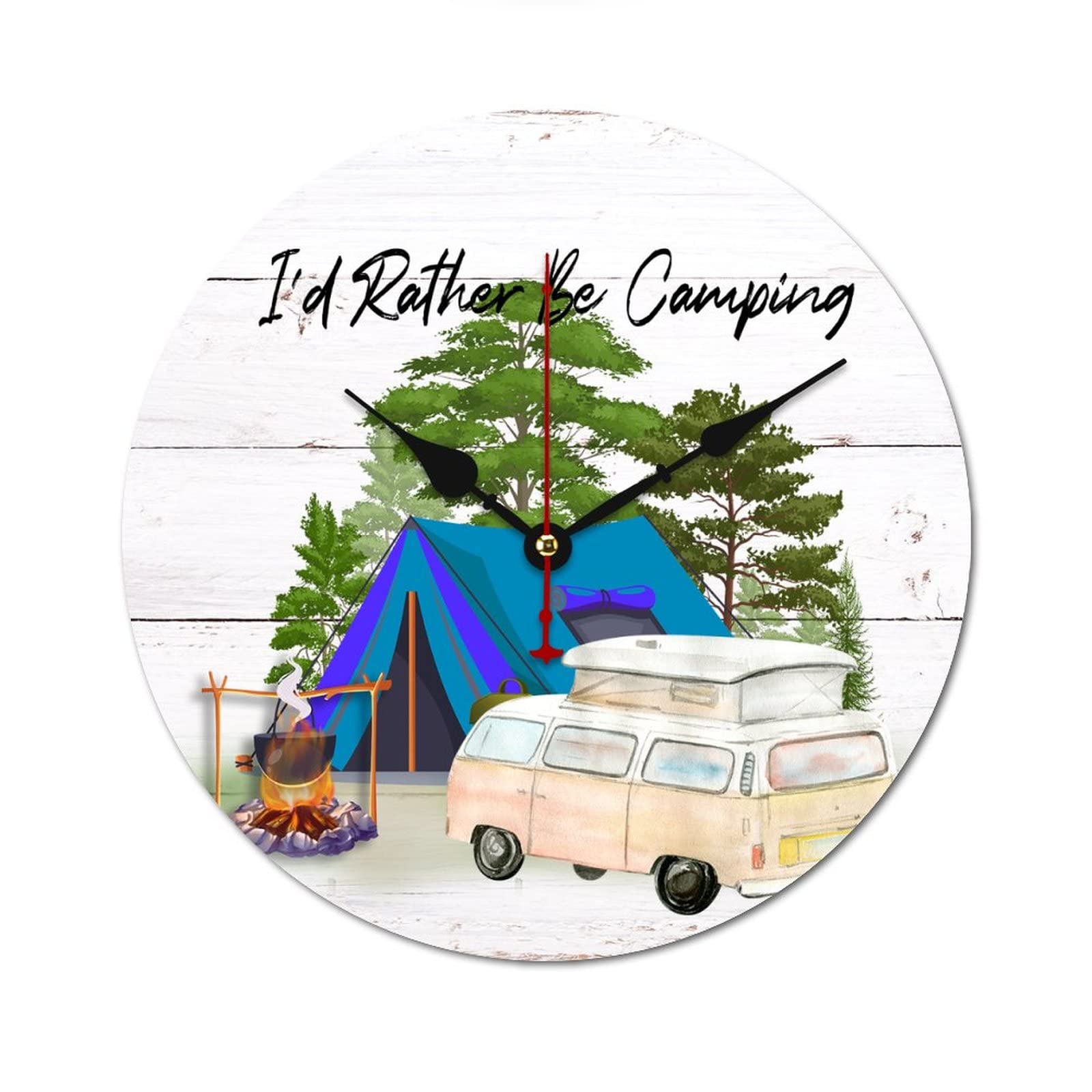 Horloge murale silencieuse camping - Décoration vintage originale 38 x 38 cm