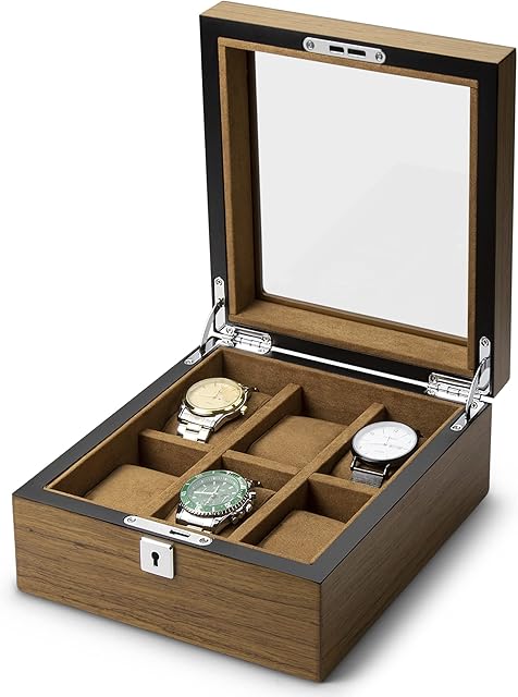ROFAY Solid Wood Watch Box Organizer with Glass Top Display, Premium Quality Bark Texture Watch Case 6 Slots with Lock for Jewelry Watches Storage