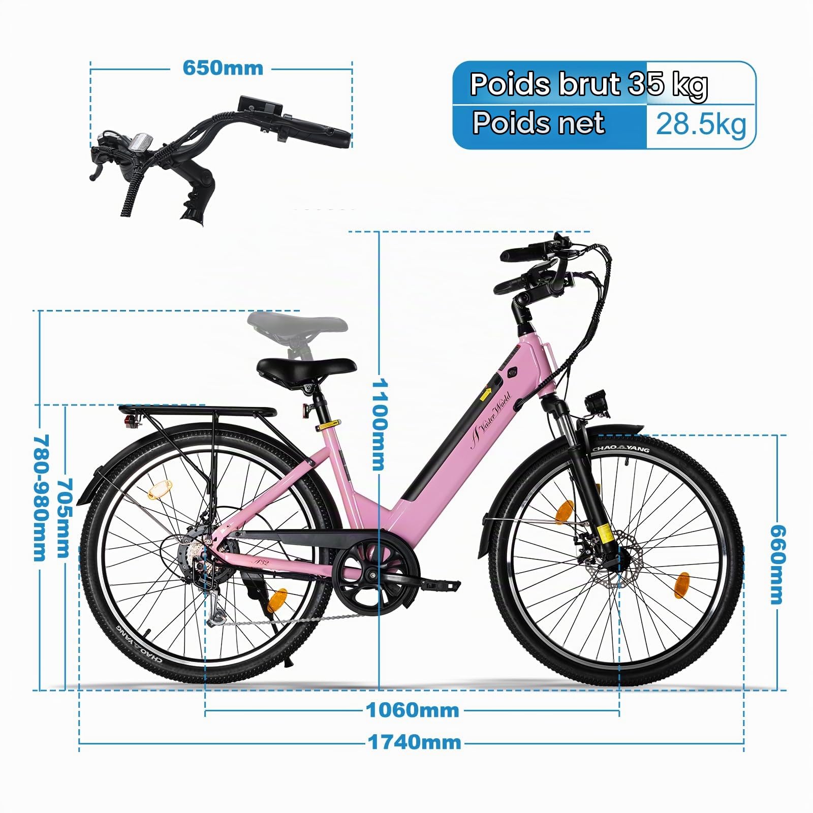 Velo Electrique Adulte 26/27.5 Pouces, VTC Électrique Homme Femme, Vélo Ville 7 Vitesses, Batterie Amovible 36V 12.8Ah, Autonomie 42KM, Suspension Avant, Freins à Disque, Feu LED Avant
