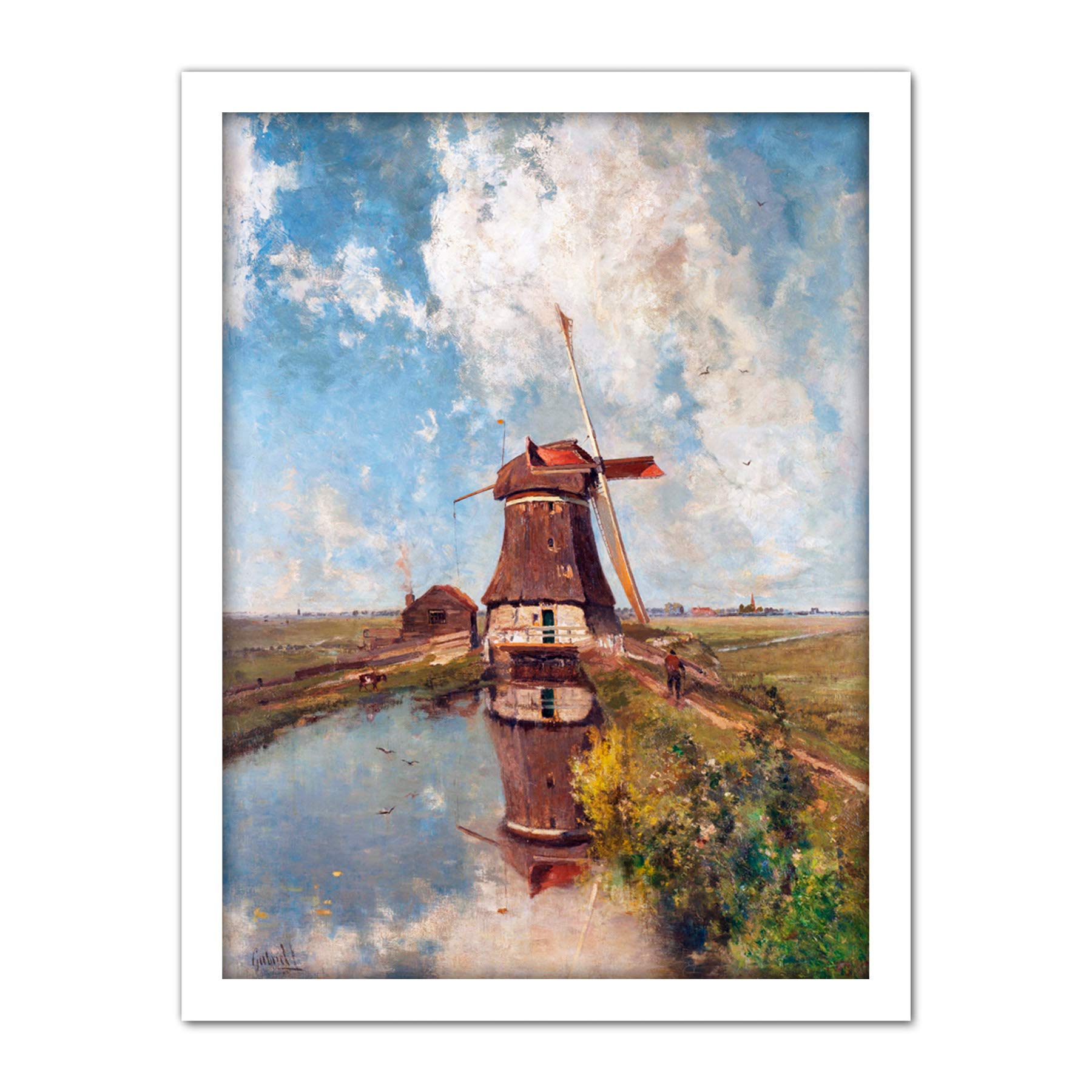 Artery8 Gabriel Windmill Polder Waterway Month July Painting Artwork Framed Wall Art Print 18X24 Inch