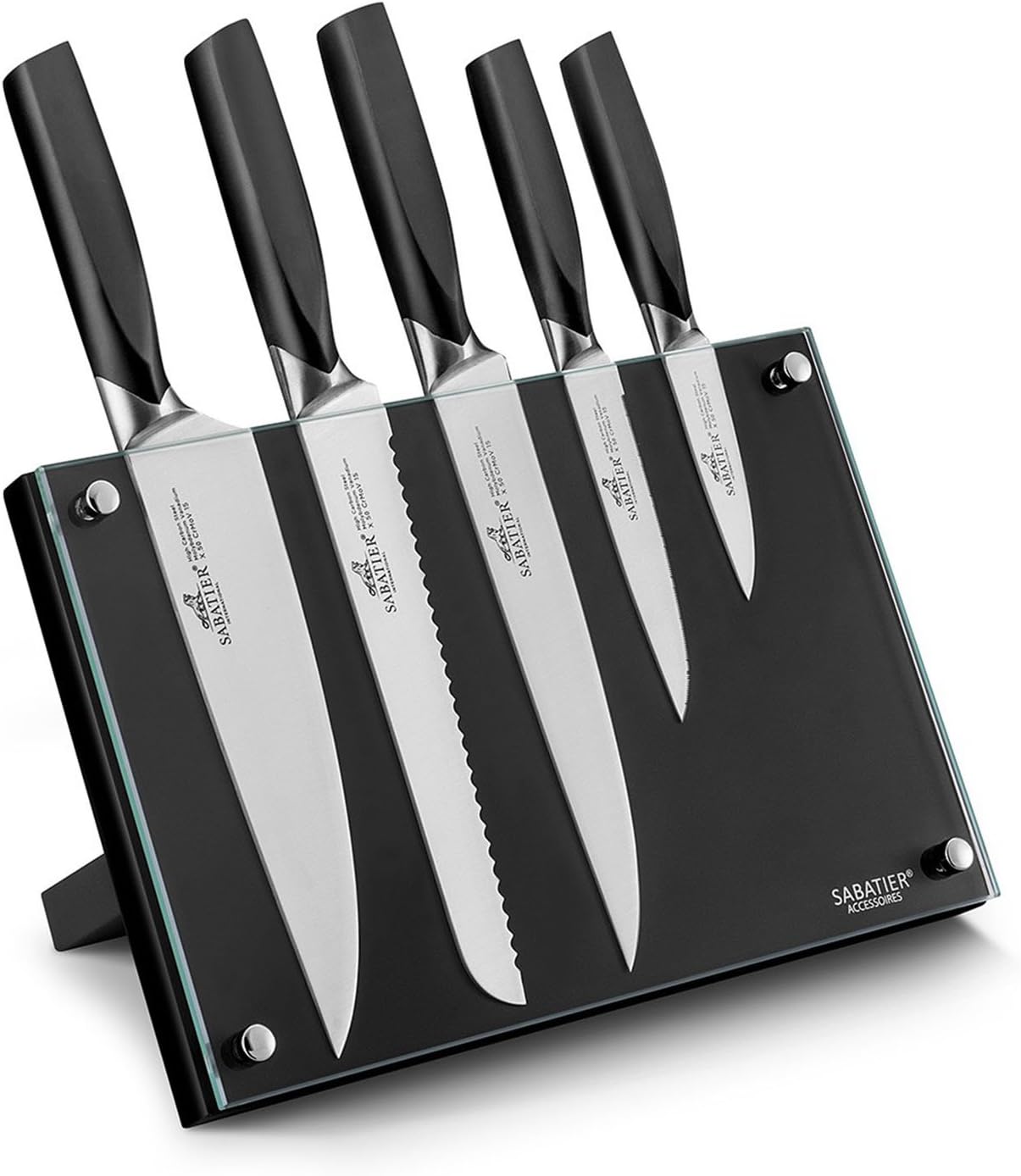Sabatier 5 Piece Knife Block Set, stainless steel blades, black handles, magnetic block