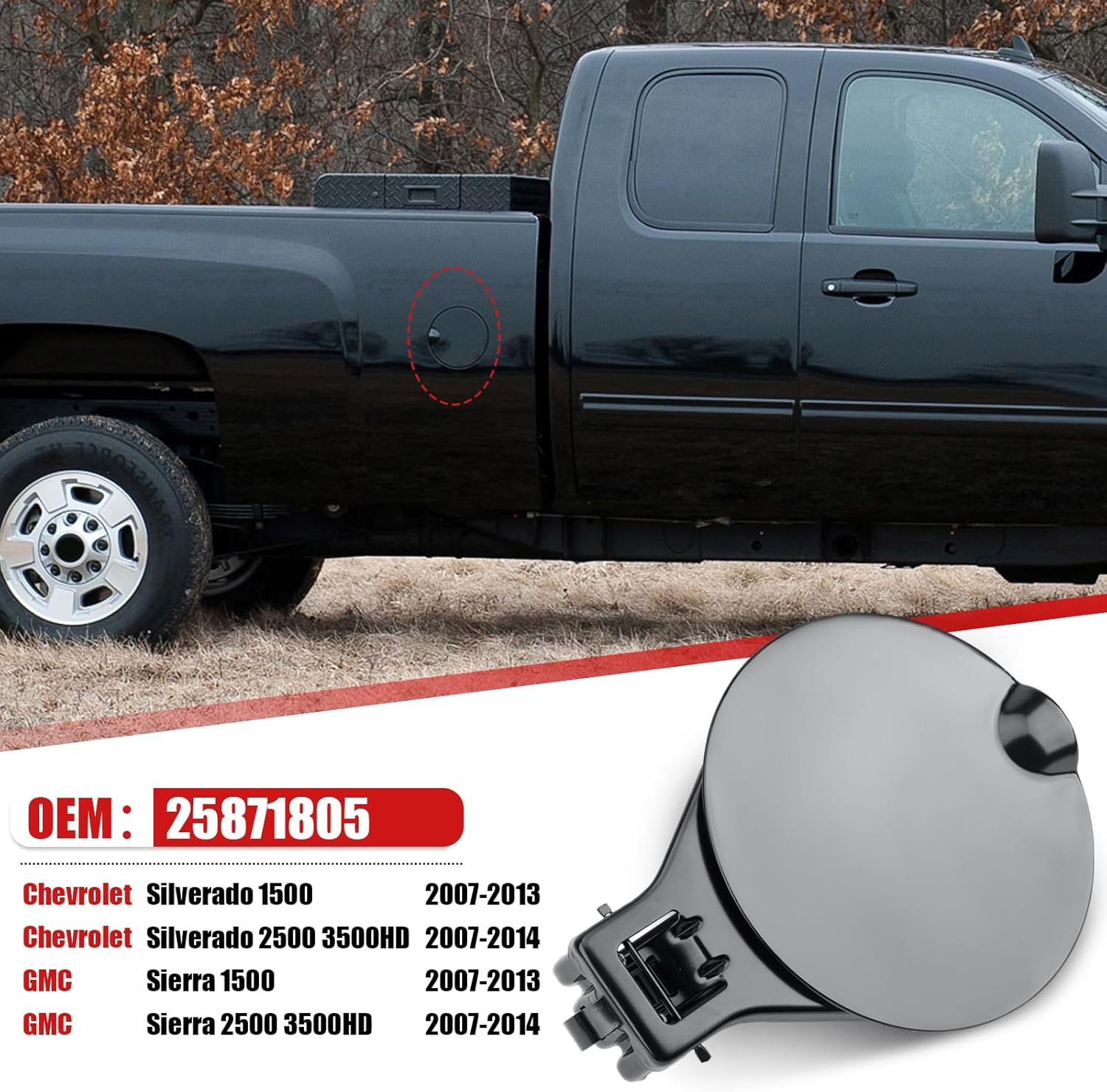 25871805 Fuel Gas Tank Door Black Steel Bed Gas Cover Cap Compatible with 2007-2014 Chevy Silverado 1500 2500HD 3500HD & GMC Sierra 1500 2500HD 3500HD