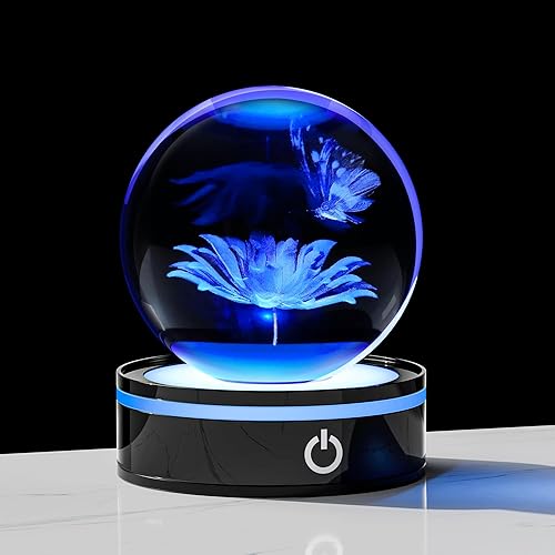 Enjinkail Bola de cristal 3D, regalo de mariposa para mujeres y hombres, girasoles de cristal, adorno de animales, decoración del hogar con base LED