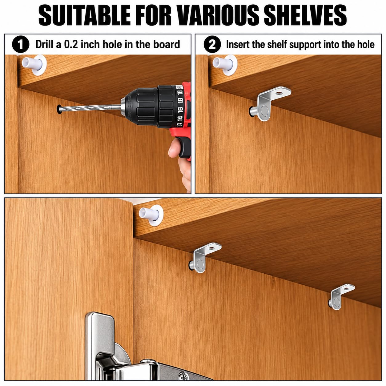 WOPPLXY 100 Pcs 5mm Shelf Pins, Shelf Support Pegs, Cabinet Shelf Pins with Rubber Sleeve, L-Shaped Adjustable Shelf Pegs for Kitchen Bookcase Cabinet Furniture Support(Silver) — Amazon image 6