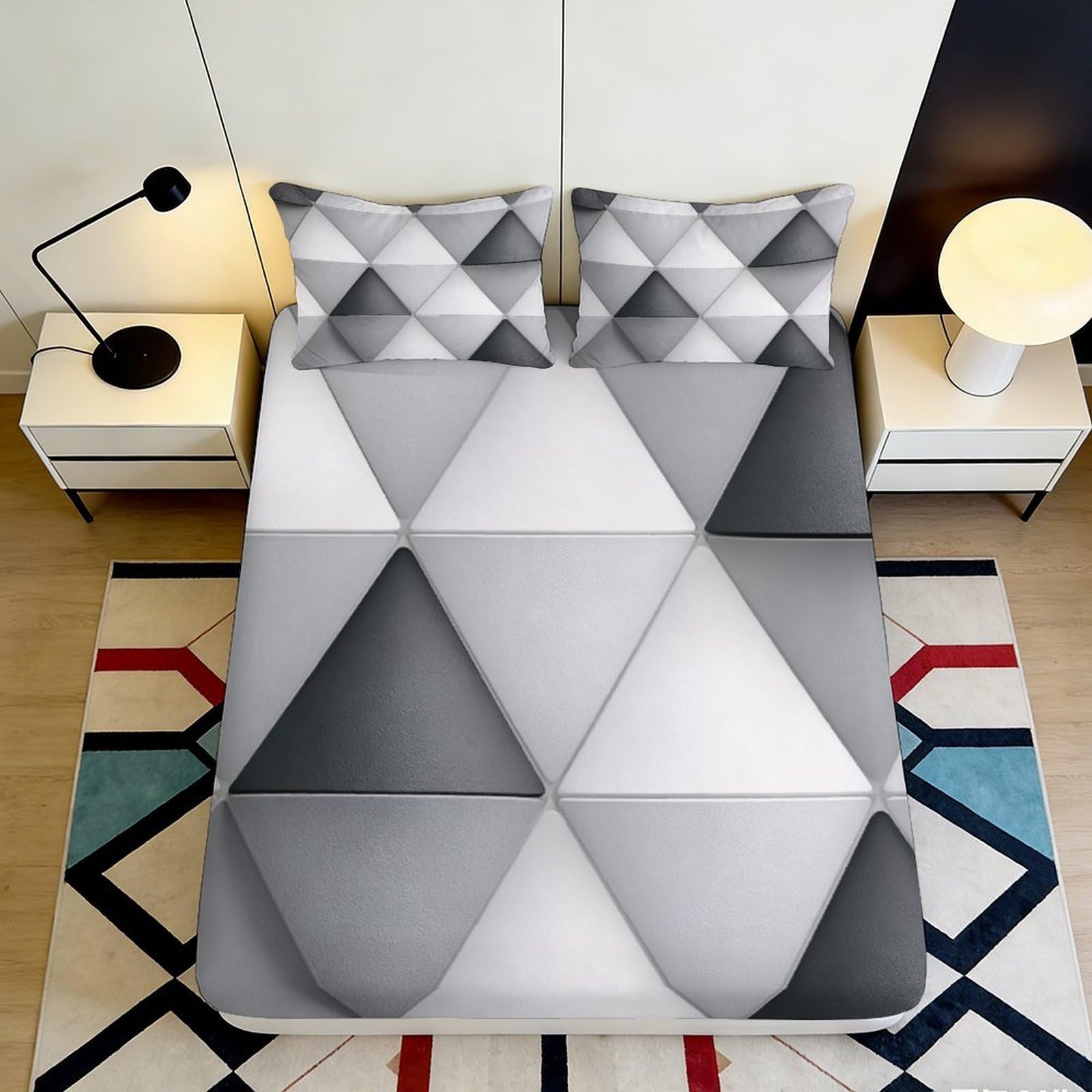 Pnayamiorkfel Style-3 3D Printed Geometric Grey Fitted Sheet Microfiber Soft Breathable Abstract Triangle Bed Cover For Bedroom Home Decor 90X200x25cm