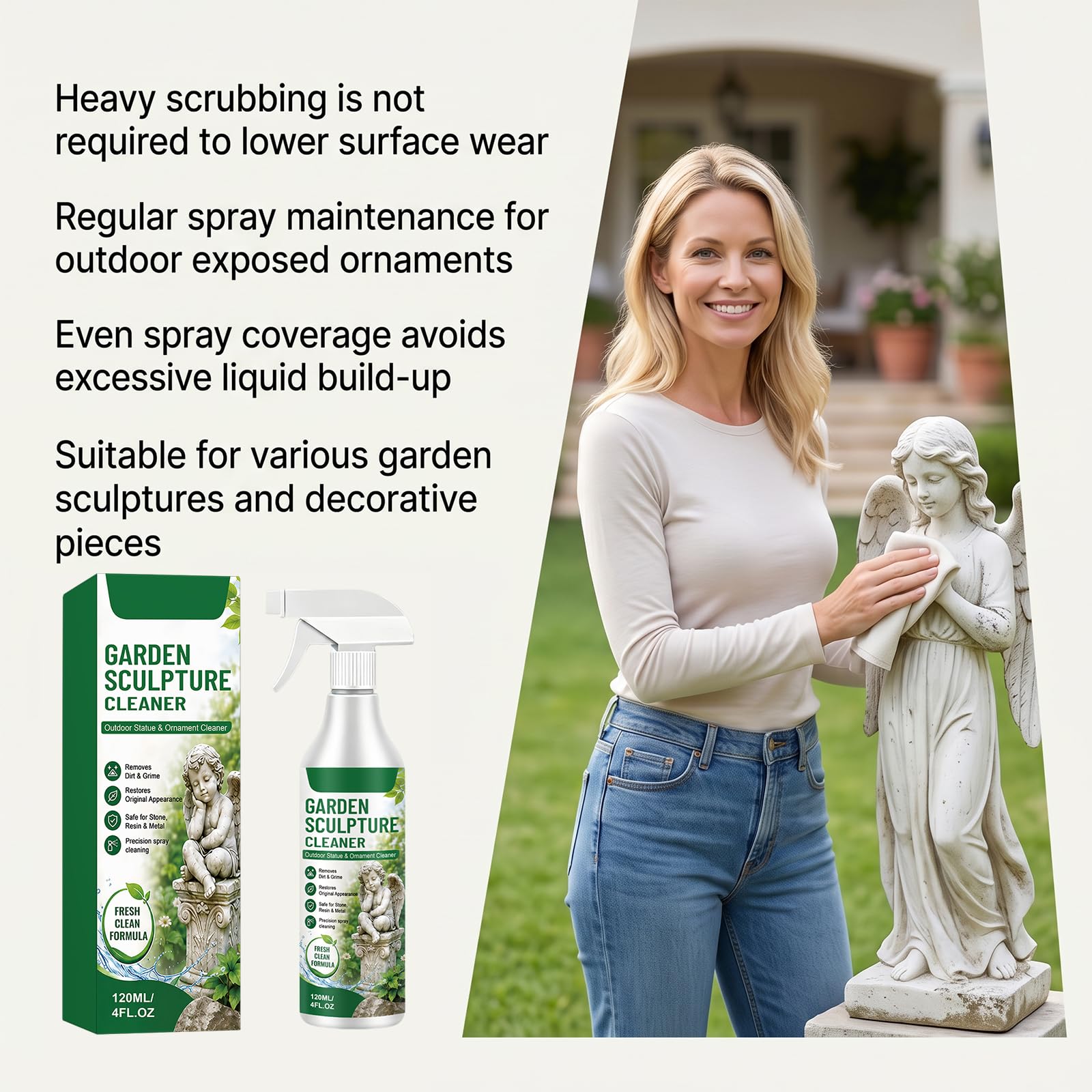 Potente spray detergente per sculture da giardino, detergente quotidiano per la cura delle pietre multi-superficie, soluzione per statue all'aperto, decorazioni da cortile e accessori da giardino