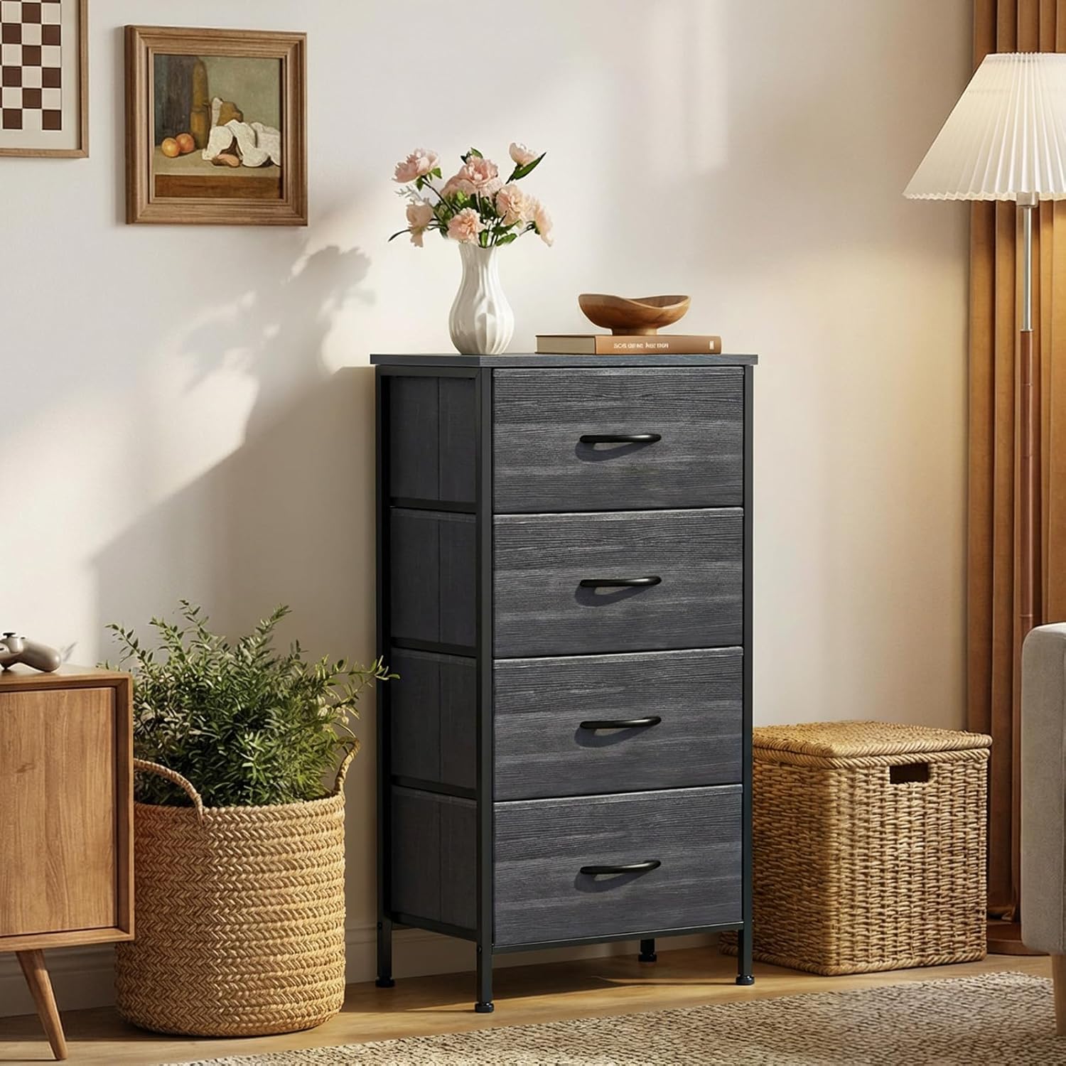 sweetcrispy nightstand small bedroom dresser with 4 fabric drawers,bed side furniture end table,wooden top cabinet night stand dresser for closet,entryway,dorm,black wood grain black wood grain 17.7"d x 11.8"w x 37"h (4 drawers)