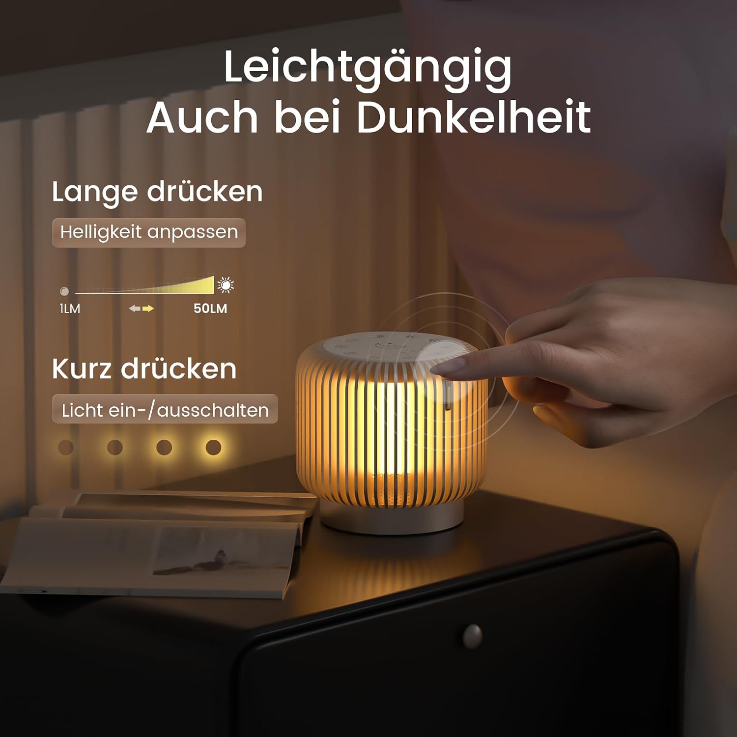 COLSUR White Noise Machine showing light control: long press for brightness, short press for on/off
