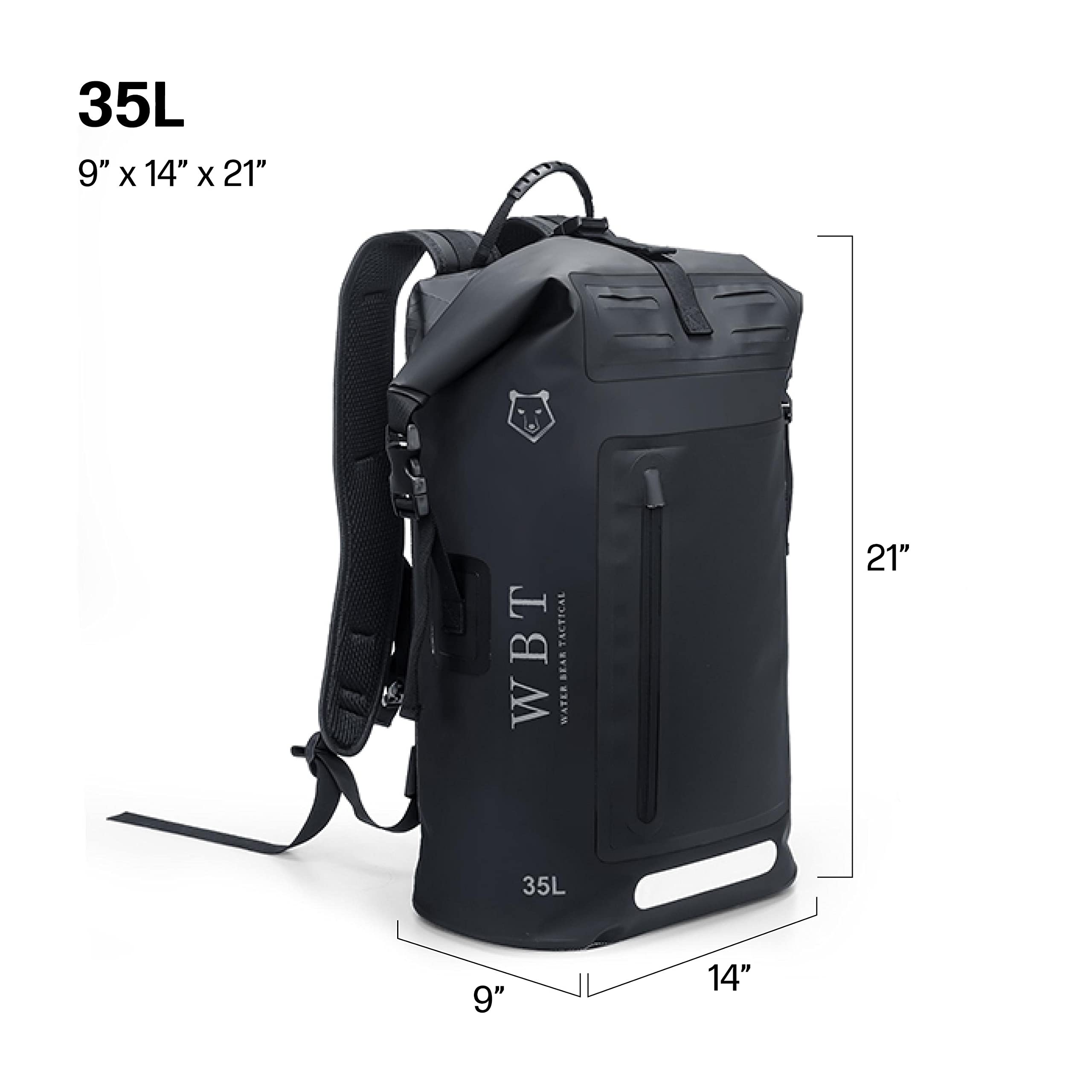 Water Bear Tactical Waterproof Backpack: Black 35L Rugged Roll-Top Closure with Waterproof Zipper front pocket and Cushioned Padded Back.(New Version) laptop sleeve inside