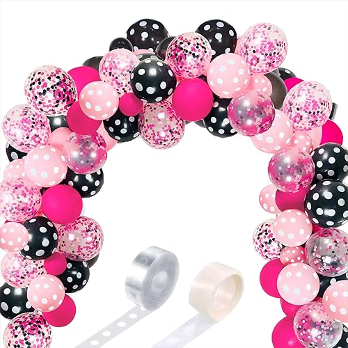 Kit de arco de guirnalda de globos de ratón de 117 piezas, globos de lunares rosas y negros con puntos de pegamento de tira de guirnalda para