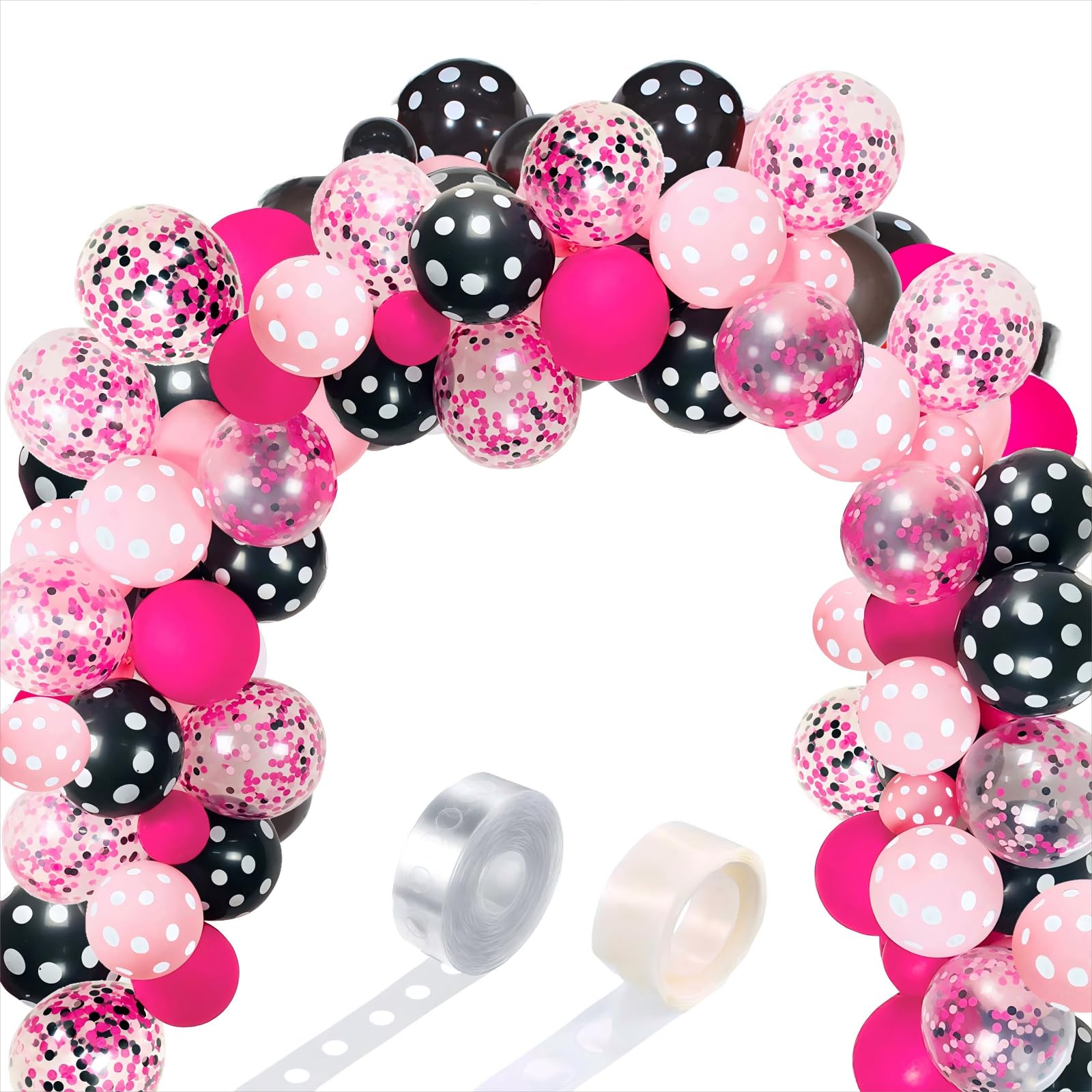 117 Pcs Pink Black Balloon Garland Arch Kit, Different Sizes 12 10 5 Inch Pink Black Latex Polka Dot Confetti Balloons for Girl Cartoon Mouse Baby