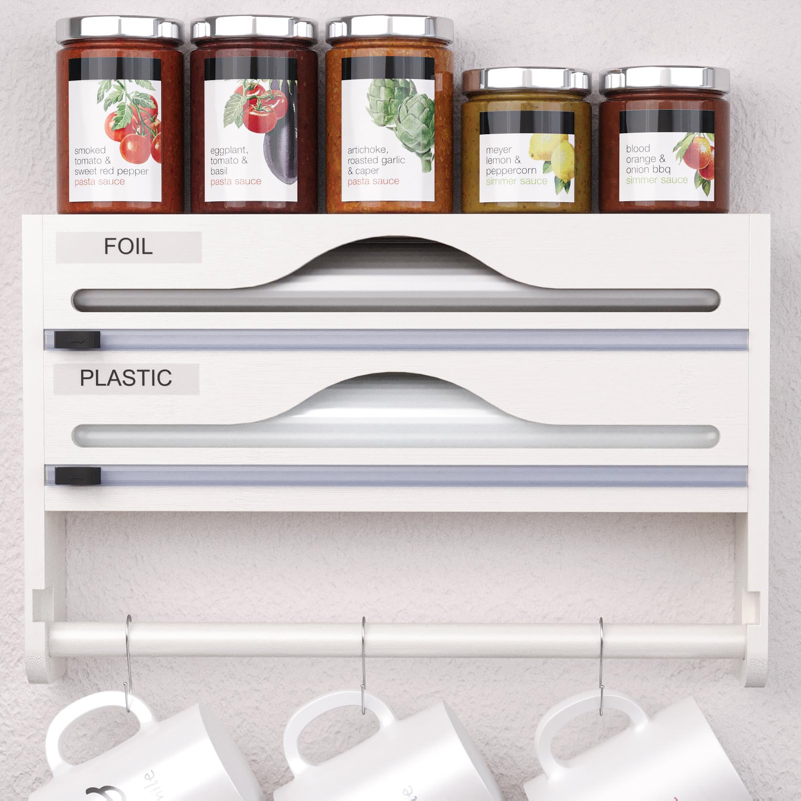 Dispensador de bambú 3 en 1 para película adhesiva y papel de aluminio para pared con cortador de precios, soporte para rollo de 30 cm, soporte para rollo de cocina (marrón, 3 cajas)