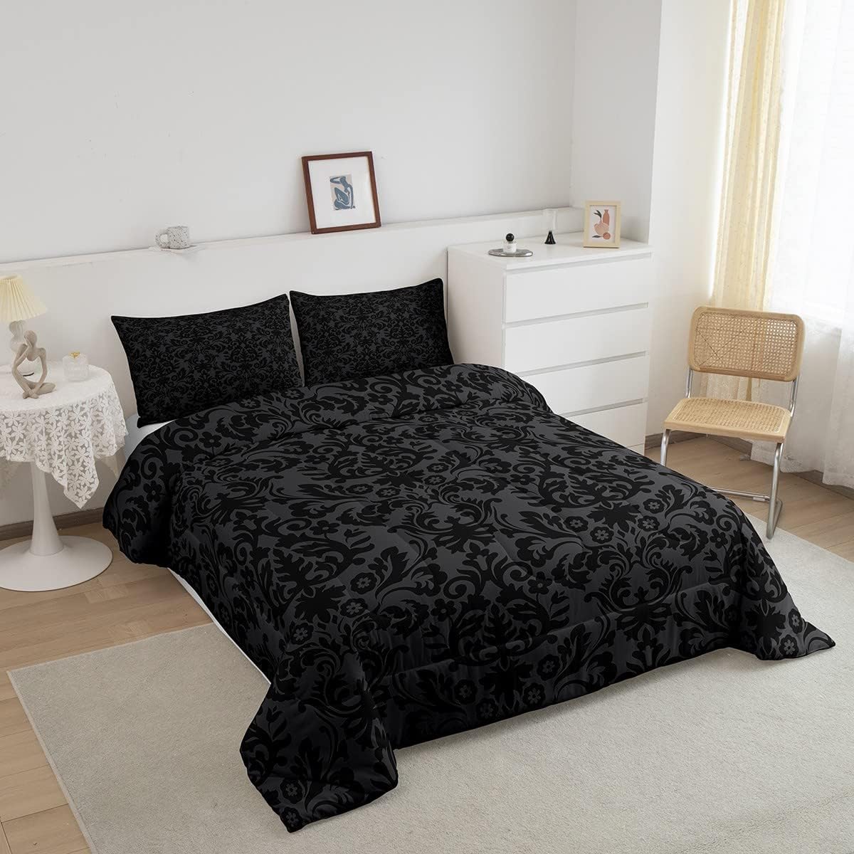 Erosebridal 7 Piece Queen Size Black Damask Bedding Set with Antique Victorian Baroque Comforter and Sheet Set