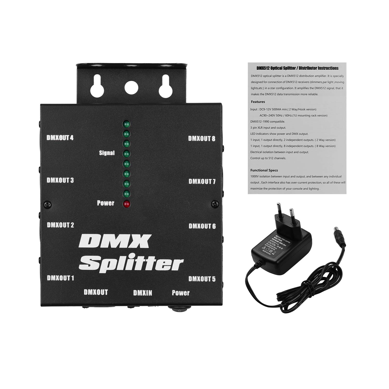 HUIOP Splitter DMX512 Amplificatore di segnale ottico Spliter Distributore 1 Ingresso e uscita diretti 8 Uscite indipendenti per controller luci Console da palco Festa DJ Club Disco KTV Luce